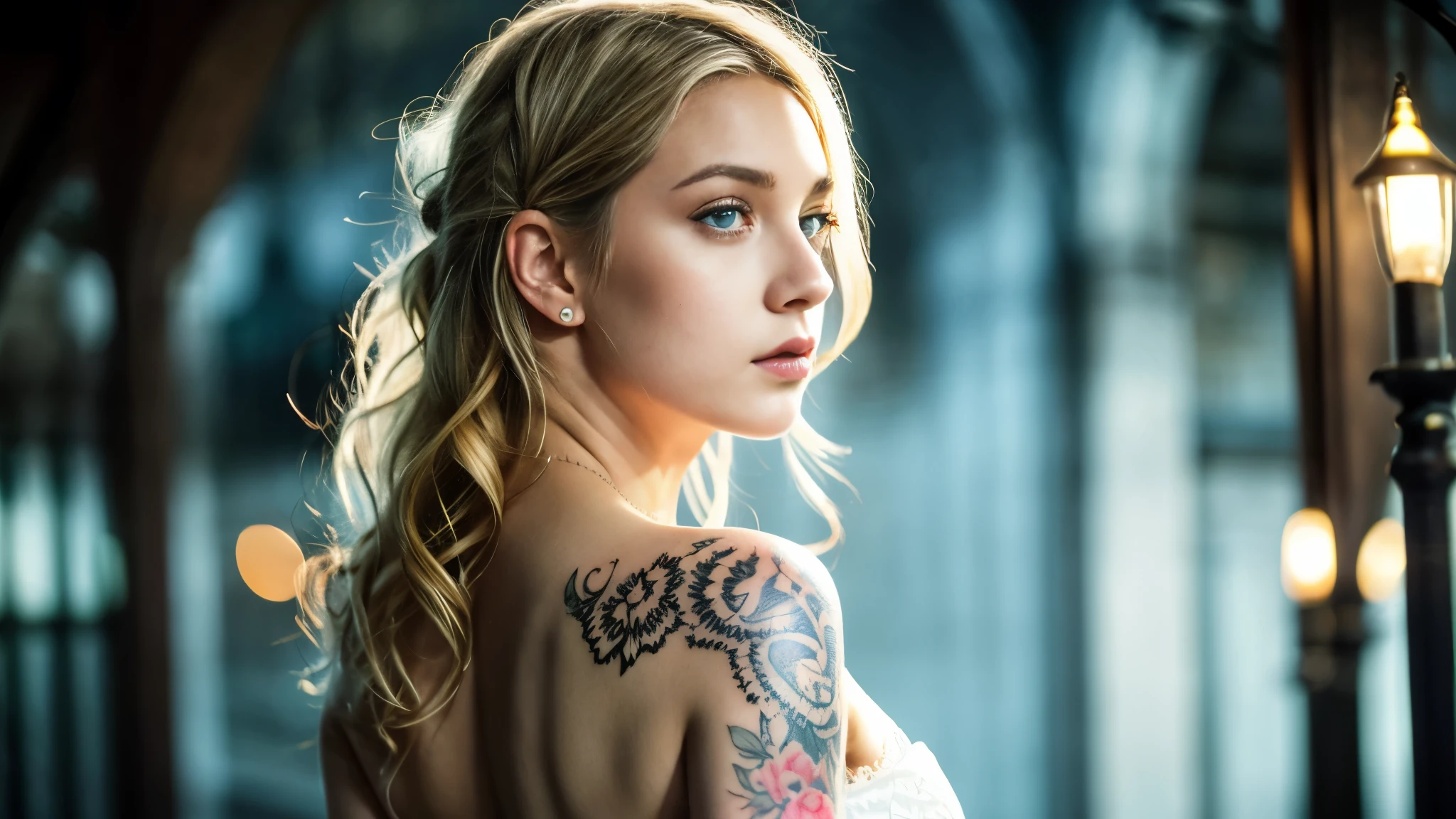 tatuados,Beautiful blonde with big breasts in a dress、(Back tattoo、Many tattoos on both arms and neck)、 (Late night back alley、walk),Candlelight only,Very detailed, 21 years old, Innocent face, Wavy Hair, blue eyes, High resolution, masterpiece, Highest quality, Intricate details, Very detailed, Clear focus, Delicate skin, practical skin texture, texture, Delicate eyes, Professional, 4K, Sad face,despair、 Shot with Canon, 85mm, Shallow and deep, Kodak Vision Color, Exactly, Very detailed, photograph_\(Extremist\), photographpractical, practical, Post-processing, Maximum details, Roughness, Real Life, Extremist practical, Photorealism, photographgraphy, 8K Ultra HD, photographgraphy