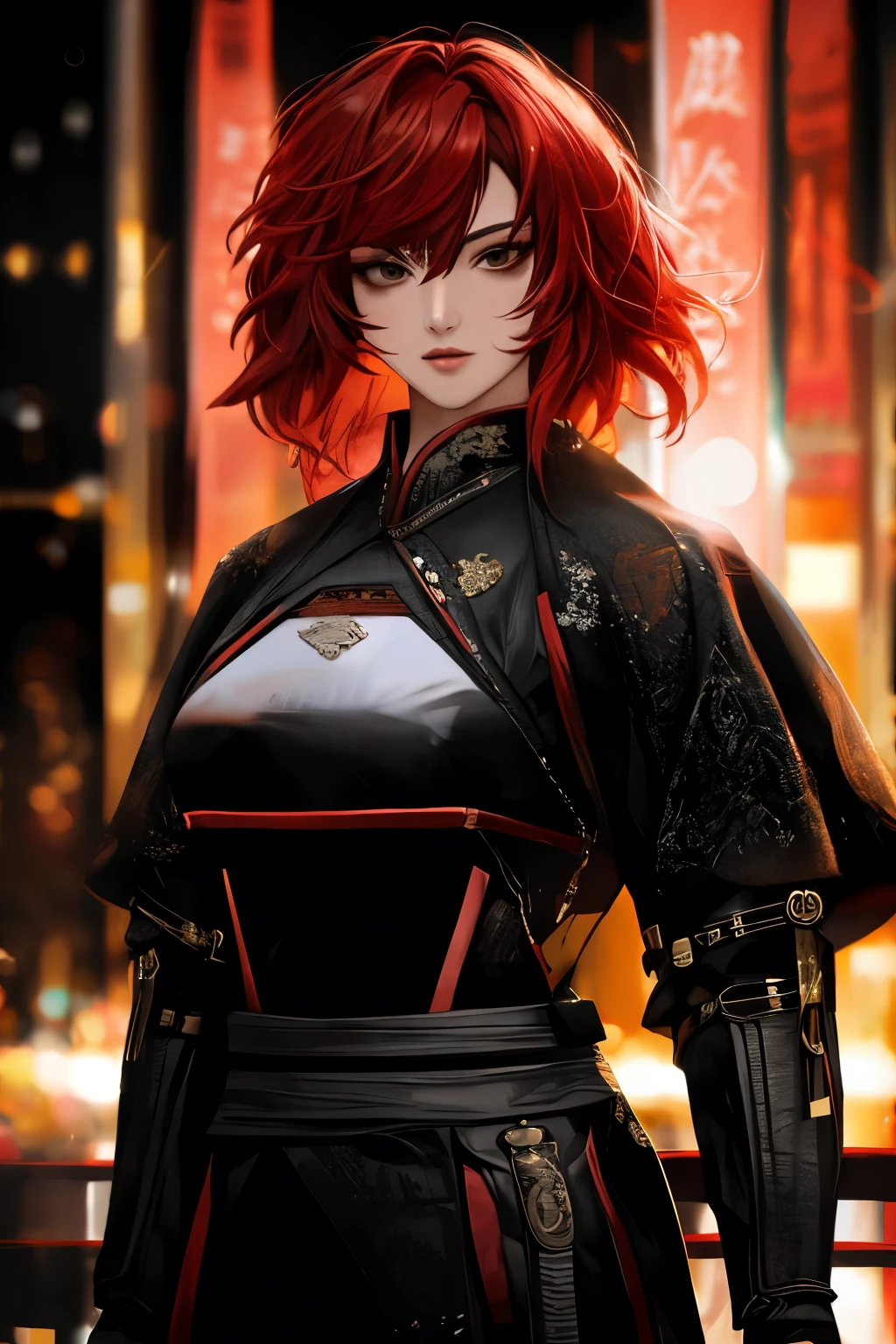 ((best quality)), ((Masterpiece)), (details:1.4), 3d, HDR (high dynamic range), mature woman, เหมือนจริง, Cyberpunk Samurai, Curtain Bangs, Red hair, "้ระำ eyes, PBR surface, After processing, Anisotropic filtration,depth of field, Maximum clarity and clarity, multi-layered surface, perfect proportions, 8K raw files, at night, ผมหลายชั้น, โกรธ, ศาลเจ้า
