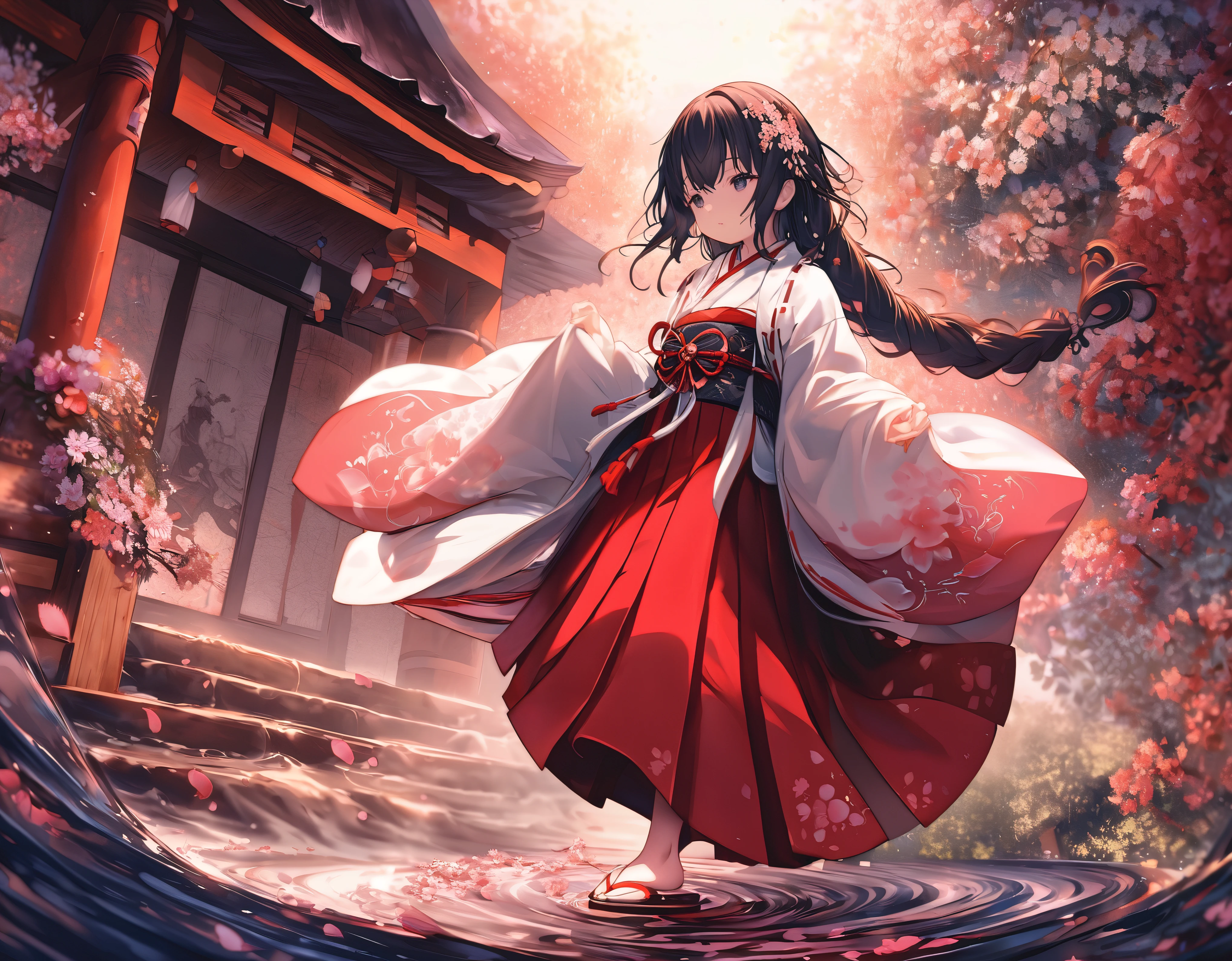 (full body), (solo), (A 7-year-old girl:1.2), (very young little girl), loli, (Solo), (small breast), (wide angle), raw photo, Aesthetic, Convoluted, Awarded, chiaroscuro, Best Quality, Detailed background, (Misty atmosphere:1.2), (hard rainy day:1.1),((Girl in very long shrine maiden:1.2)), detailxl, In the throes of a tempestuous night, the rain falls in torrents, painting the world in shades of silver and darkness. Amidst the deluge, a young girl appears, a figure of enchantment, her silhouette a stark contrast to the storm's fury. She is adorned in a Japanese shrine maiden costume, a miko-zukuri, that is an opulent display of elegance and tradition.

The miko-zukuri is a vision of grandeur, with the haori, an outer garment, extending its hem to the ground, flowing like a river of pristine white silk. The fabric is of the highest quality, its texture smooth and supple, caressing the contours of her form as she moves with the grace of a willow in the wind. The haori is embroidered with delicate motifs of cherry blossoms and chrysanthemums, symbols of spring and autumn, respectively, their petals intricately stitched with threads that glimmer with the subtlest hint of mother-of-pearl.

The hakama, a traditional skirt, is elongated to match the haori, its hem sweeping the ground with each step, creating a sound akin to rustling leaves. The hakama is a deep, rich crimson, the color of a heart's passion, and it is adorned with a brocade pattern that is a dance of light and shadow, the threads shimmering with a metallic sheen that catches the fleeting flashes of lightning.

Her hair is styled in a traditional manner, with a long, flowing braid that cascades down her back, secured with a white ribbon that is embroidered with delicate cherry blossoms. The ribbon flutters with each movement, a dance of its own, adding to the overall elegance of her appearance.

Around her waist, she wears an obi, a wide sash that is a tapestry of colors and patterns, its design