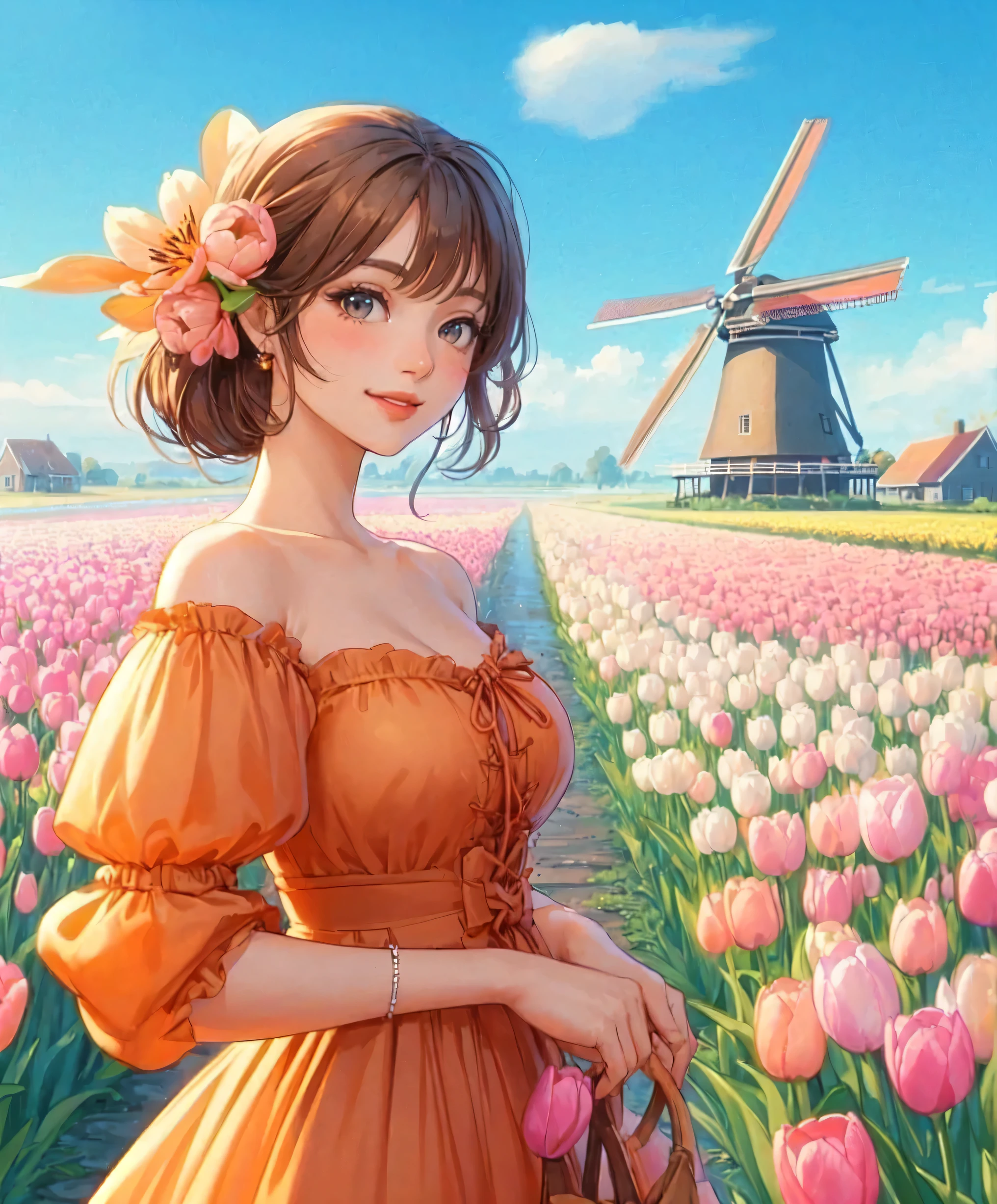 1lady standing, (looking at viewers), stylish outfit (elegant and breezy attire) (orange theme), (mature female:0.6), /(brown hair/) bangs, blush kind smile, (masterpiece best quality:1.2) delicate illustration ultra-detailed, large breasts BREAK (field of tulip) (vibrant colors), colorful tulips, outdoors, (traditional Dutch windmill), blue sky, noon, horizon, detailed background
