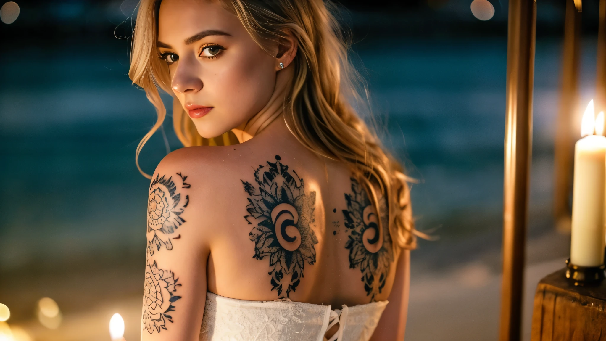 tatuados,Beautiful blonde with big breasts in a light dress、(Back tattoo、Many tattoos on both arms and neck)、 (late night beach、walk),Candlelight only,Very detailed, 21 years old, Innocent face, Wavy Hair, blue eyes, High resolution, masterpiece, Highest quality, Intricate details, Very detailed, Clear focus, Delicate skin, practical skin texture, texture, Delicate eyes, Professional, 4K, Sad face,despair、 Shot with Canon, 85mm, Shallow and deep,  Kodak Vision Color, Exactly, Very detailed, photograph_\(Extremist\), photographpractical, practical, Post-processing, Maximum details, Roughness, Real Life, Extremist practical, Photorealism, photographgraphy, 8K Ultra HD, photographgraphy