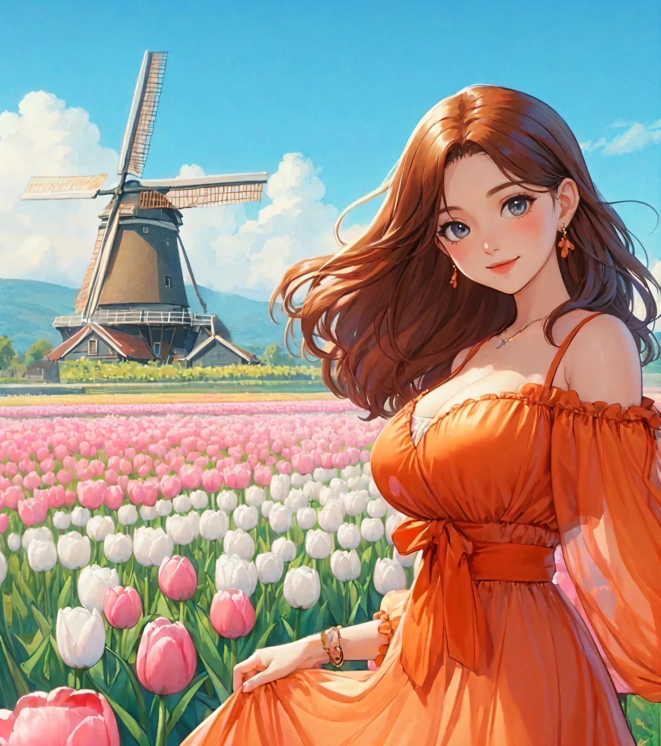 1lady standing, (looking at viewers), stylish outfit (elegant and breezy attire) (orange theme), (mature female:0.6), /(reddish-brown hair/) bangs, blush kind smile, (masterpiece best quality:1.2) delicate illustration ultra-detailed, large breasts BREAK (field of tulip) (vibrant colors), colorful tulips, outdoors, (traditional Dutch windmill), blue sky, noon, horizon, detailed background