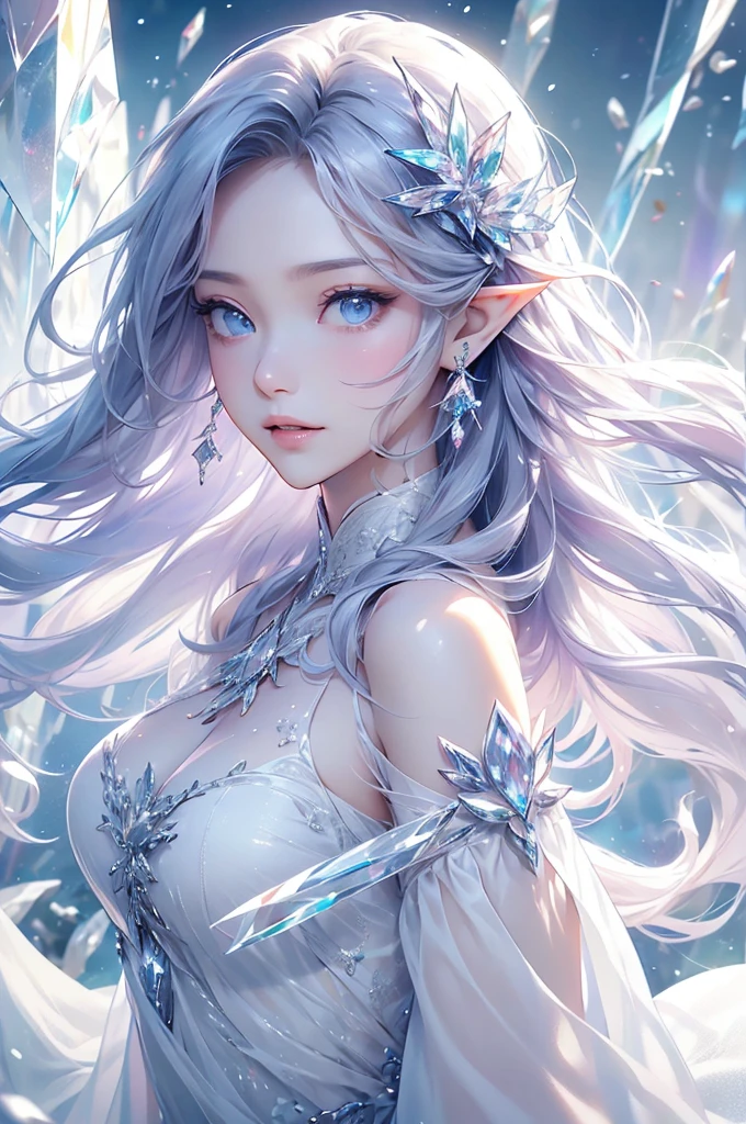(masterpiece、Highest品質、Highest、Official Art、beautifully、aesthetic、exposed for a long time:1.2)、Smooth movement、Attractive patterns、One Girl、(Long dress with sleeves:1.3)、(((White clothes)))、Upper Body close-up、Expose your shoulders、Korean Girls、smile、Light purple long hair、Portraiture、alone、Upper Body、Looking at the observer、Detailed Background、Detailed face、(Crystallized AI、Crystal Theme:1.1)、Elemental Wind Elf、回転Wind、 Wind、White crystal clothes、Dynamic pose、Suspended particles、Aether Dynamics、旋Wind、vapor、背景に旋Wind、White Tone、旋Wind、Ethereal atmosphere、
