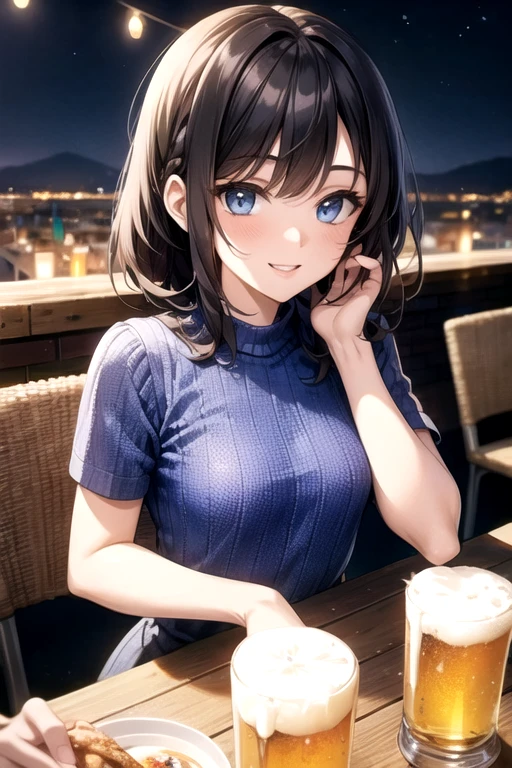 ((Highest quality)), ((masterpiece)), (detailed), ((small breasts))、There are a lot of people at the outdoor rooftop beer garden.、A 20-year-old woman is smiling and drinking beer、There are many dishes on the table、She is casual((Short sleeve knit))Wearing、short sleeves、Beer garden light up、 her smile is shining、Medium Hair、Black Hair、((Small breasts))、Deep blue eyes、Complex pupil、Intricate weaving, Night view、front、