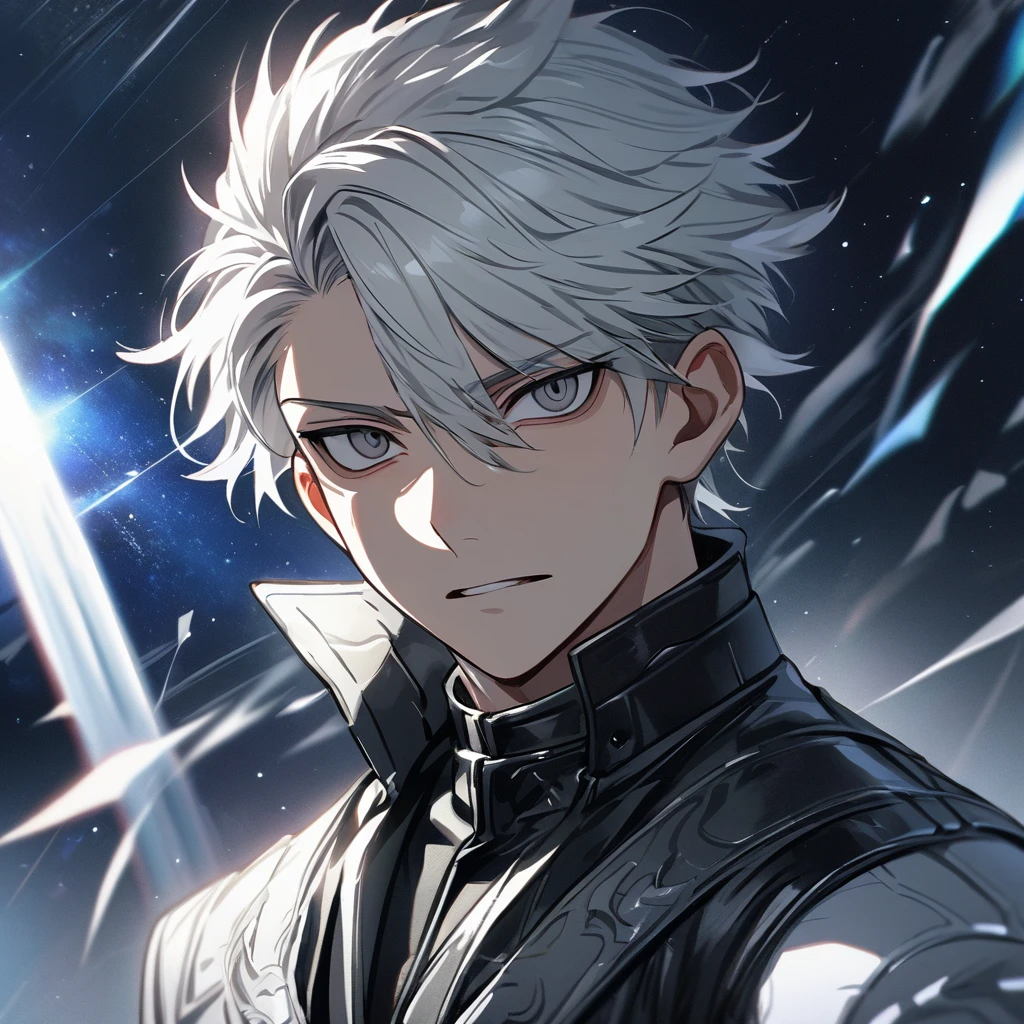 High quality, HD, 4k, no shadows, handsome male, 1male, 17 years old, teenager, short white hair, silver hair, white hair, sharp eyes, dark grey colored eyes, deep grey eyes, dark grey eyes, devil may cry, close up, calm expression, stoic expression, black leather clothes, white leather clothing, lean body, well trained body, upper body, looking at viewer, cowboy shot, white solar, space background