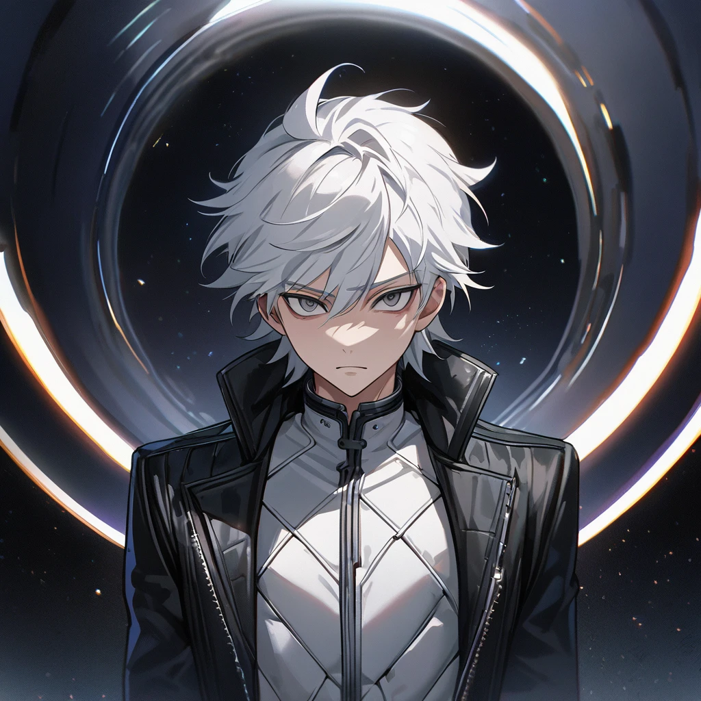 High quality, HD, 4k, no shadows, handsome male, 1male, 17 years old, teenager, short white hair, silver hair, white hair, sharp eyes, dark grey colored eyes, deep grey eyes, dark grey eyes, devil may cry, close up, calm expression, stoic expression, black leather clothes, white leather clothing, lean body, well trained body, upper body, looking at viewer, cowboy shot, white solar, space background