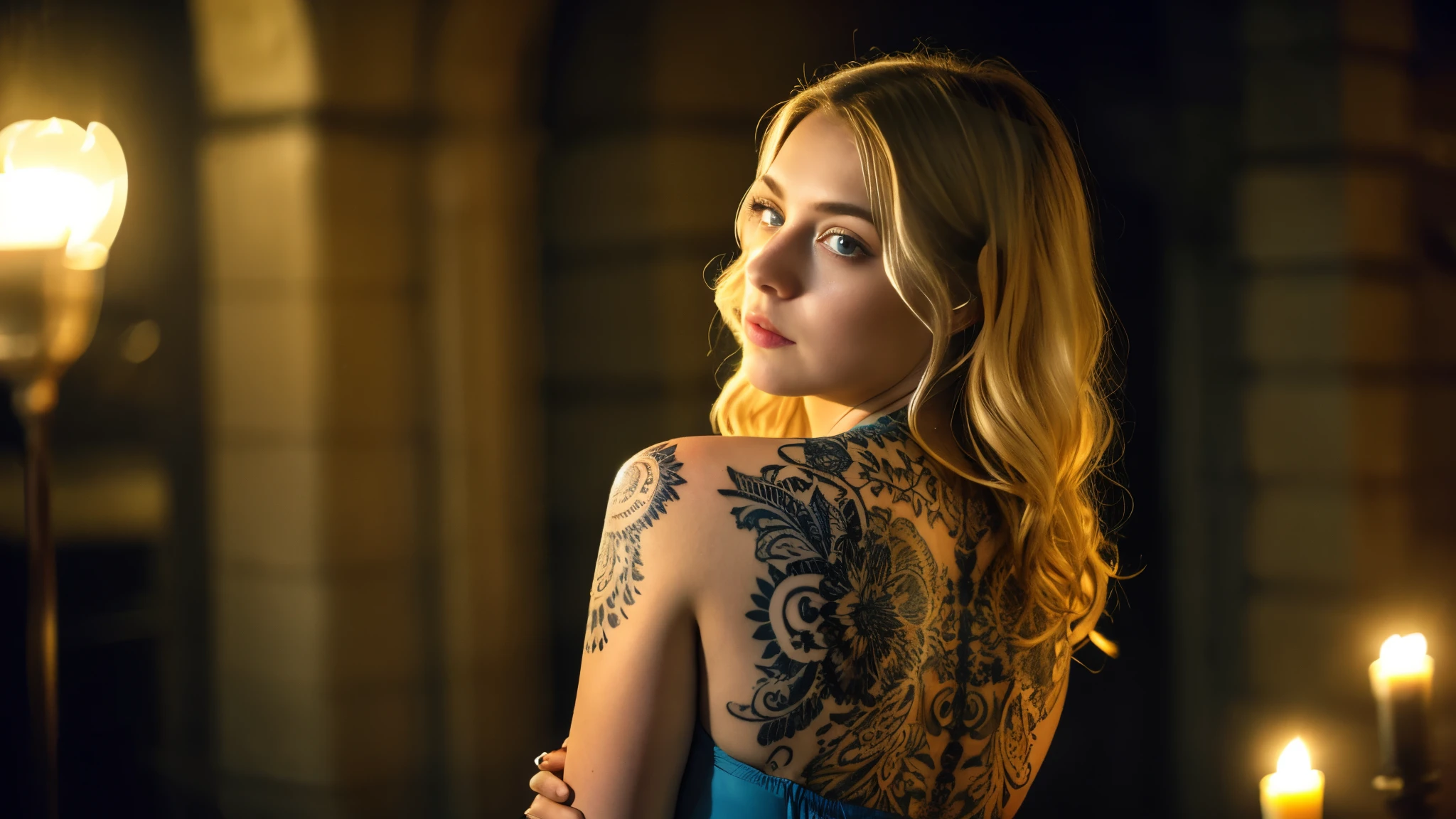 tatuados,Beautiful blonde with big breasts in a dress、(Back tattoo、Many tattoos on both arms and neck)、 (Late night back alley、walk),Candlelight only,Very detailed, 21 years old, Innocent face, Wavy Hair, blue eyes, High resolution, masterpiece, Highest quality, Intricate details, Very detailed, Clear focus, Delicate skin, practical skin texture, texture, Delicate eyes, Professional, 4K, Sad face,despair、 Shot with Canon, 85mm, Shallow and deep, Kodak Vision Color, Exactly, Very detailed, photograph_\(Extremist\), photographpractical, practical, Post-processing, Maximum details, Roughness, Real Life, Extremist practical, Photorealism, photographgraphy, 8K Ultra HD, photographgraphy