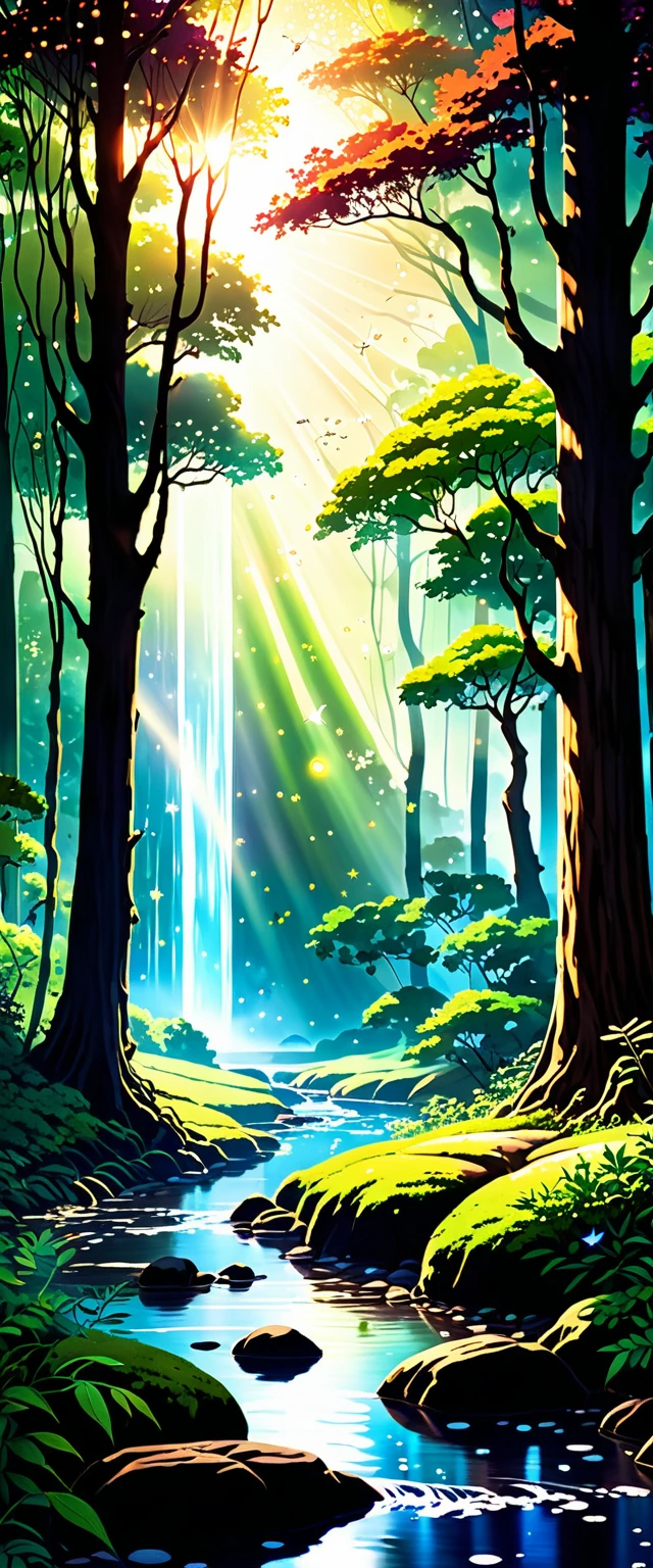 Viral anime nature wallpaper in 4K quality, in the style of digital illustration inspired by Hayao Miyazaki, featuring a serene forest with towering ancient trees, dappled sunlight filtering through the leaves, a gentle stream flowing through the scene, and mystical creatures peeking from behind the foliage; vibrant and warm color temperature, cosmos lighting with stars twinkling in the sky, no human characters, the atmosphere is tranquil and enchanting --v 5 --stylize 1000
