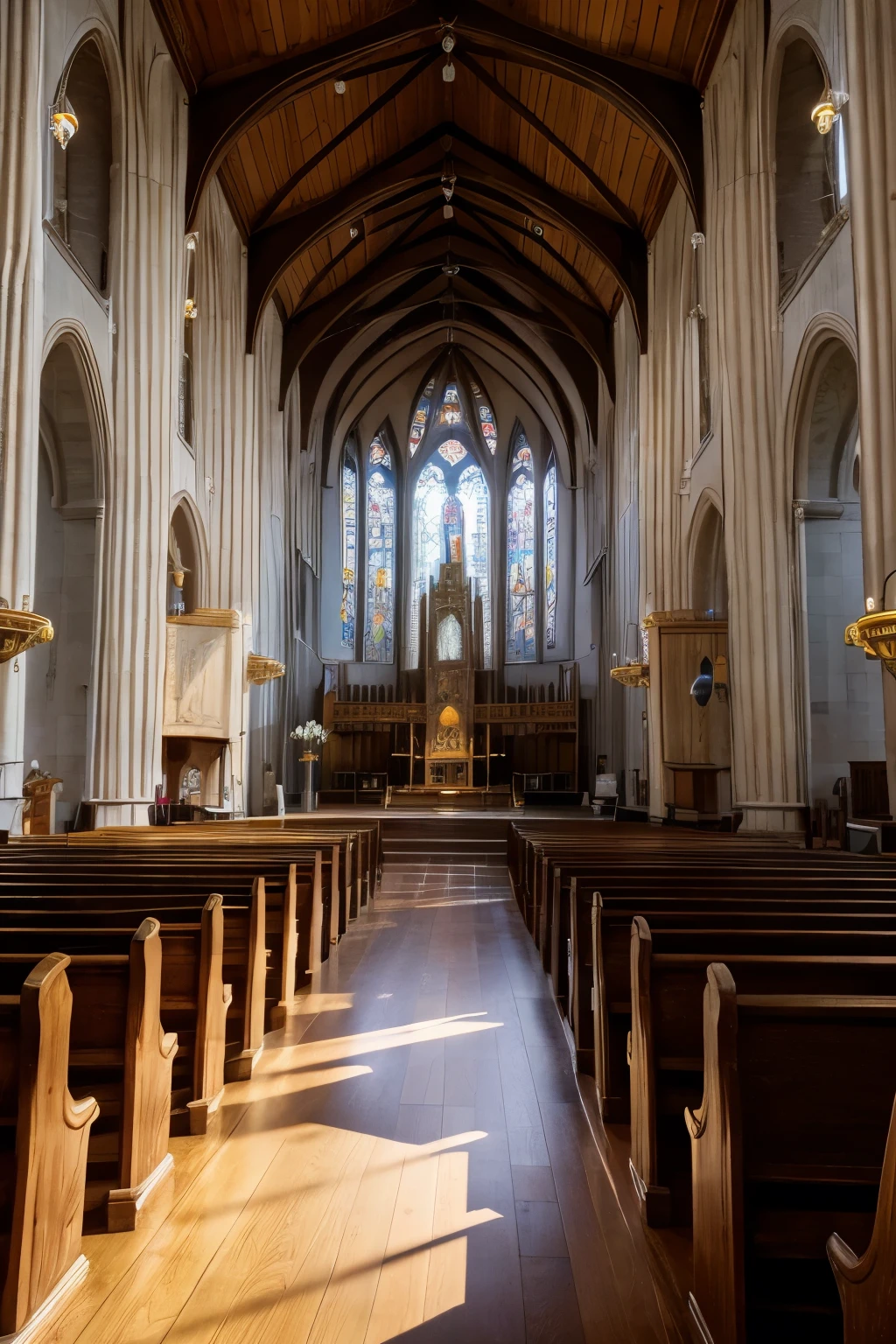 The interior of the church features a long aisle and a wide central passage leading to the altar at the end, with multiple statues of deities lined up on both sides. At the end of the aisle, there is a large altar.
Key Objects and Features in the Image:
The altar, located centrally, is adorned with intricate carvings and decorations, with colorful stained glass placed behind it.
Relative Positions and Relationships of Other Elements to the Main Object:
Wooden chairs are neatly arranged along the aisle, with several statues and candlesticks placed on both sides of the aisle.
Color Specifications:
The interior of the church is primarily made of gray and brown stone, with the floor featuring a black-and-white checkered pattern. Light in various colors filters through the stained glass behind the altar.
Character Details:
Scenes of quiet worship and meditation in the church, or special events such as weddings and concerts taking place.
Accessories and Props:
Wooden chairs along the aisle, candlesticks on the altar, and paintings or sculptures hanging on the walls.
Light Direction and Intensity:
Natural light filters through the stained glass, casting a soft glow inside. The light from the candlesticks is stronger and warmer.
Viewpoint and Angle:
The image is viewed from the front, providing a sense of length from the aisle to the altar.
Image Size and Aspect Ratio:
The image is rectangular, with a landscape aspect ratio.
Detailed Description:
The interior of the church is grand and solemn, with historical sculptures and artwork, evoking a sense of reverence in visitors.
Size and Orientation:
The image is in landscape orientation and should be presented in square or wide format.
Style and Theme:
The style recreates the interior of a classical European church, with designs influenced by the medieval or Renaissance period.
Background Information:
The church is located in a historic European city, where many significant historical events are assumed