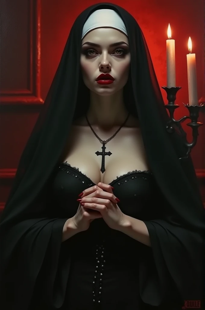 (sexy goth demon nun), Dark, mysterious, charming, hauntingly beautiful, (detailed facial features, PENETRATING EYES, dark red lips), flowing black robes, necklace with a cross, sensual, seductive pose, (candlelight backdrop, sinister atmosphere), (Best Quality, High resolution, ultra detailed), (Gothic art, oil painting, dark fantasy), (dramatic lighting, darkness, ethereal glow), (Black and red color combination., intense contrast), (Beautifully composed, intricate details), (evokes a sense of desire and forbidden allure.).