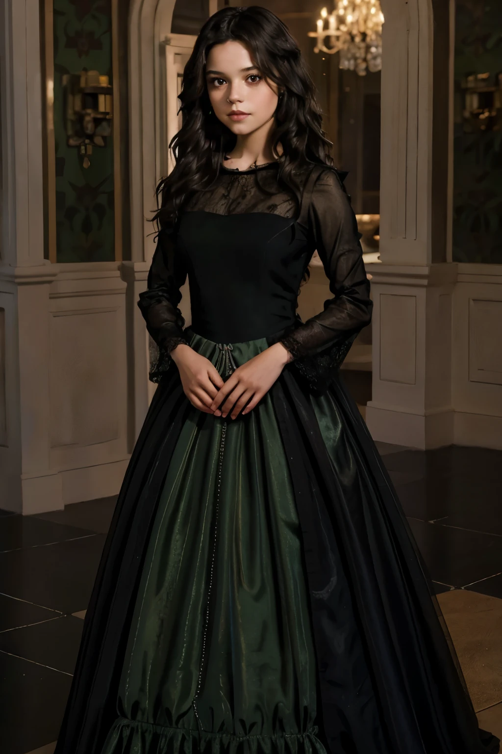 ((best quality)), ((masterpiece)), (detailed), beautiful fourteen year old girl, perfect face, calm expression, soft expression, not fully smiling, (dark brown eyes), (black eyes), photorealistic, detailed long hair, perfect lighting, (young), delicate, gentle, feminine, she is wearing a beautiful black, silver, and green color ball gown with long sleeves, she is beautiful, she is calm, photorealistic image, long black hair, dark brown sheen, clear brown eyes, clear black eyes, light freckles across her cheeks, long wavy hair, long curly hair, black eyeshadow, black lipstick, floor length image, realistic