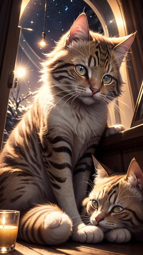 High resolution, High detail, Very detailed, Cat,Close-up, Sparkle Effect, night,Window,Become round,Are sleeping,The hair is shining in the moonlight,