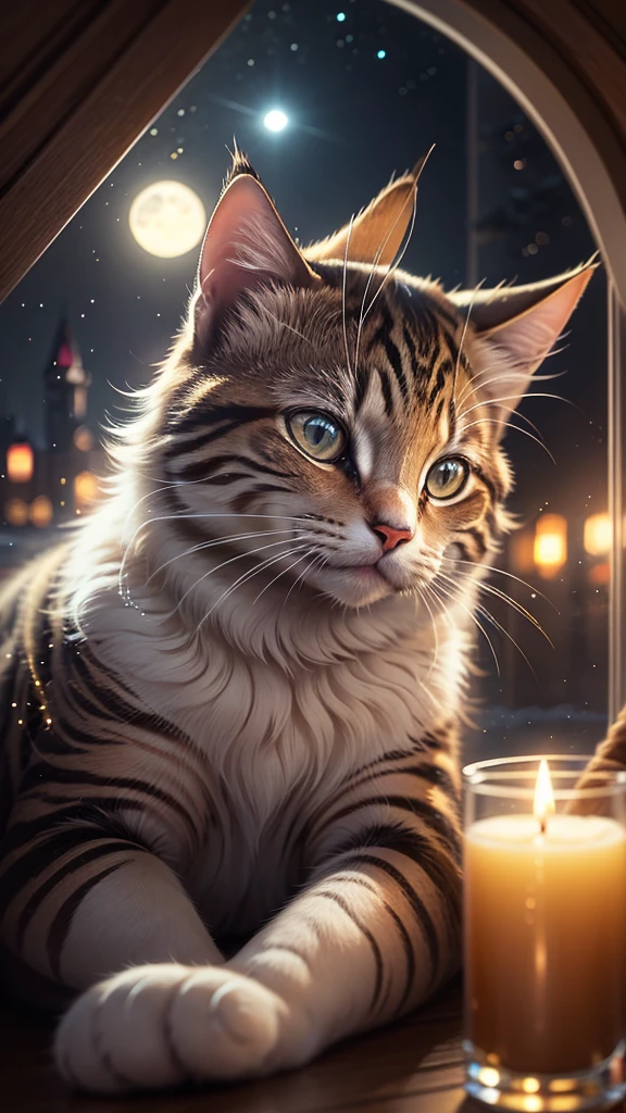 High resolution, High detail, Very detailed, Cat,Close-up, Sparkle Effect, night,Window,Become round,Are sleeping,The hair is shining in the moonlight,