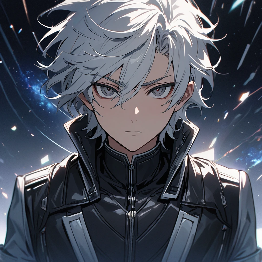 High quality, HD, 4k, no shadows, handsome male, 1male, 17 years old, teenager, short white hair, silver hair, white hair, sharp eyes, dark grey colored eyes, deep grey eyes, dark grey eyes, devil may cry, close up, calm expression, stoic expression, black leather clothes, white leather clothing, lean body, well trained body, upper body, looking at viewer, cowboy shot, white solar, space background