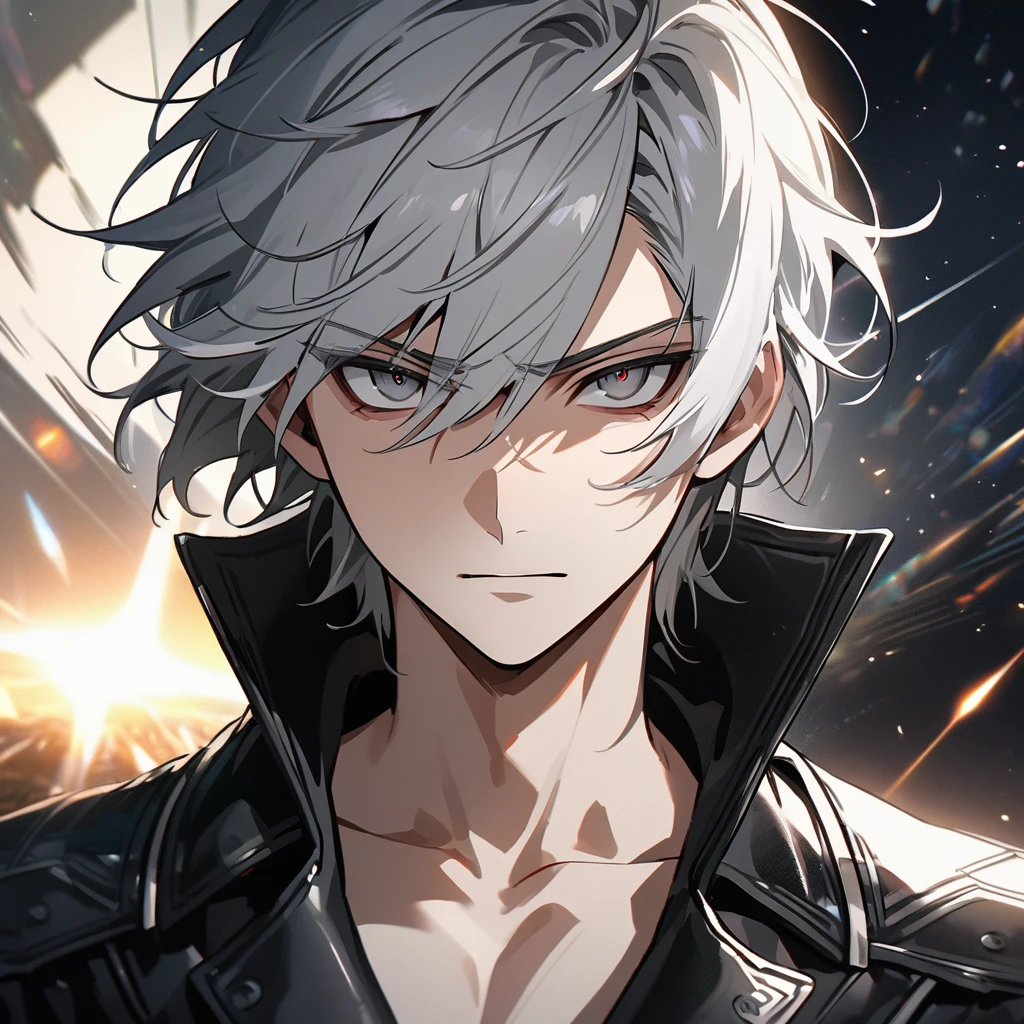 High quality, HD, 4k, no shadows, handsome male, 1male, 17 years old, teenager, short white hair, silver hair, white hair, sharp eyes, dark grey colored eyes, deep grey eyes, dark grey eyes, devil may cry, close up, calm expression, stoic expression, black leather clothes, white leather clothing, lean body, well trained body, upper body, looking at viewer, cowboy shot, white solar, space background