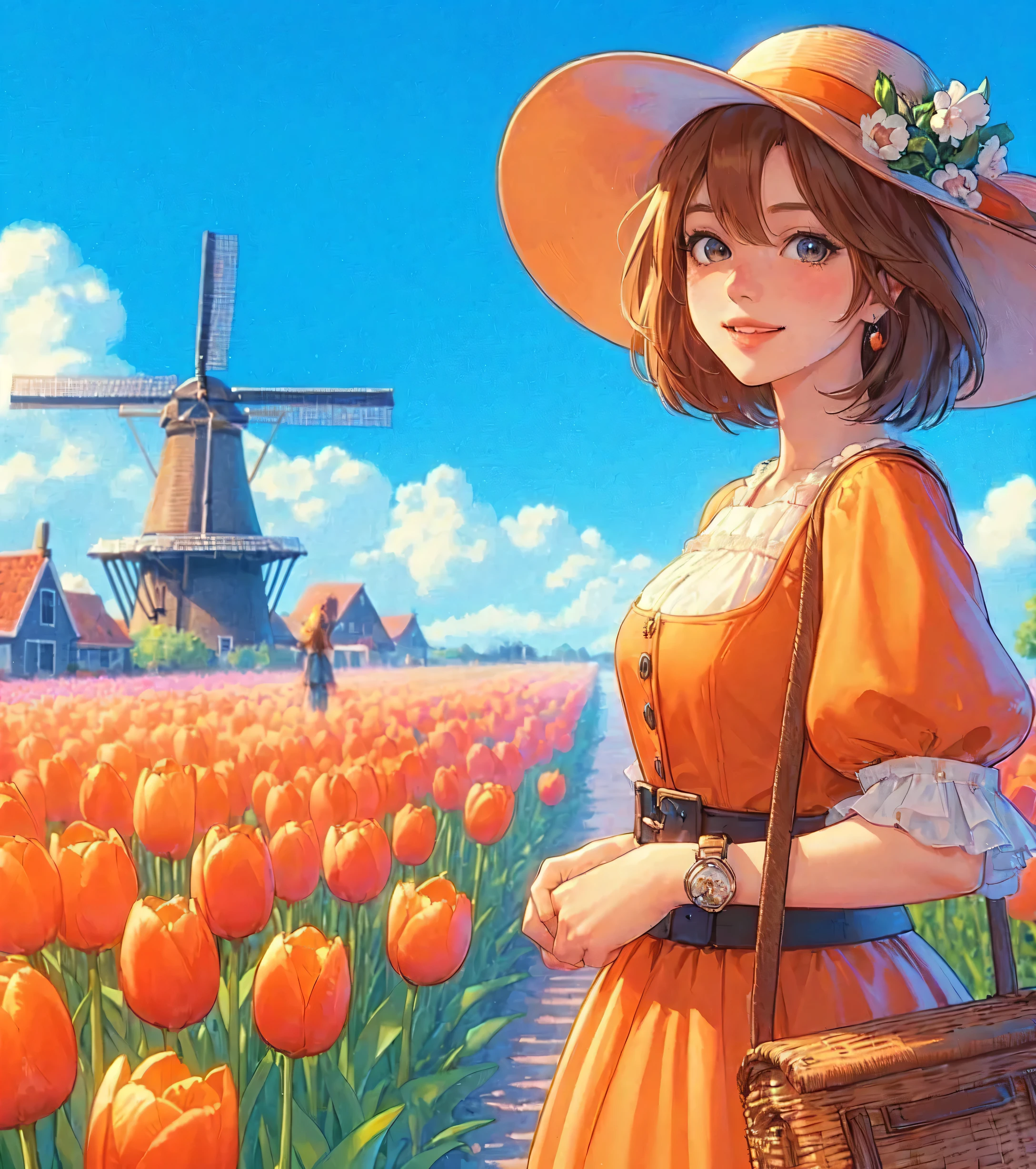 1lady standing, (looking at viewers), stylish outfit (elegant and breezy attire) (orange theme), (mature female:0.6), /(brown hair/) bangs, blush kind smile, (masterpiece best quality:1.2) delicate illustration ultra-detailed, large breasts BREAK (field of tulip) (vibrant colors), colorful tulips, outdoors, (traditional Dutch windmill), blue sky, noon, horizon, detailed background