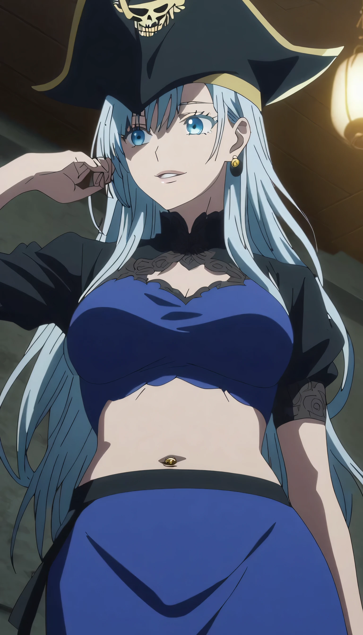 1girl, female gojo satoru, anime screencap from jujutsu kaisen, gojo satoru female version, solo, long_hair, ((Blue eyes,)) ((Silver_hair, hair over ear from one side))((slicked hair)) , night view, (hanging breasts) upper_body, smile, indoors, parted lips, (long hair) (Cool pirate hat) ((wearing fancy dress)  , (Belly Button ) ((Middlebreasts)) , glossy)) breast, "very detailed and high resolution" ((solo)) (((front view))) (earings) ((high resolution)) ((good quality)) ((silky hair, hair over ear from one side))((hair slicked)) ((parted lips)) ((full body))