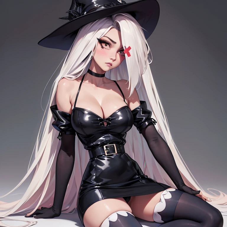 vaggie, (((an x in the eye))) ((gray skin))((corps entier 5.5, plan large 2.5)), from behind、from behind、on all fours,(masterpiece, best quality:1.4), absurdres, highres, ultra detailed, beautiful, (witch), (perfect face, detailed face, beautiful:1.3),(natural breasts, cleavage), collarbone, fingerless gloves, gloves,spaghetti strap top, black pencil skirt, tight, over the knee skirt, hat, elegant witch outfit, thighhighs, thick thighs, thighs, multiple belts, More detailed 8K.motor irreal:1.4,UHD,La mejor calidad:1.4, fotorrealista:1.4, textura de la piel:1.4, obra maestra:1.8,obra-prima, mejor calidad,objeto Objeto], (detailed face features:1.3),(manos detailed)