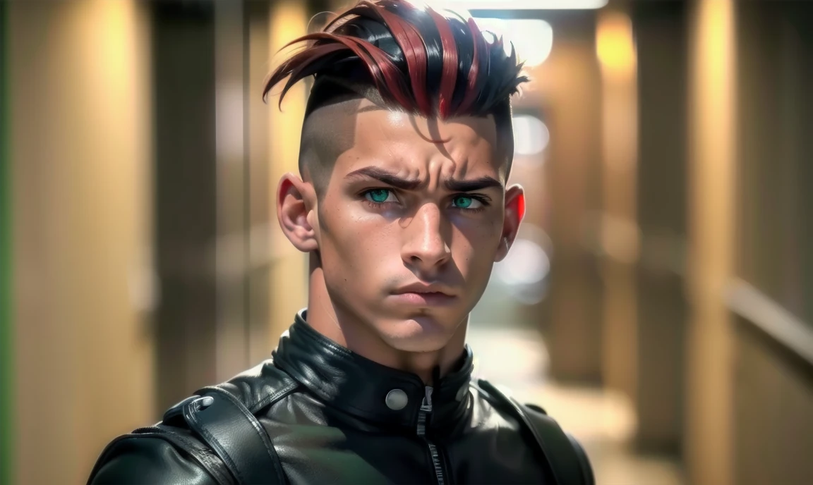"((highly detailed, detailed eyes, detailed face, clear and realistic facial features, photorealistic, realistic light; cinematic)), (1 man), ((((school hallway background)))), (((gorgeous athletic punk tough bully male))), ((18-year-old teenage male)), ((((glaring expression)))), ((intimidating mood)), ((blue-green eyes)), ((short black hair with a undercut)), (((dressed in black and leather))), ((red tint in hair)), ((standing in your way))."