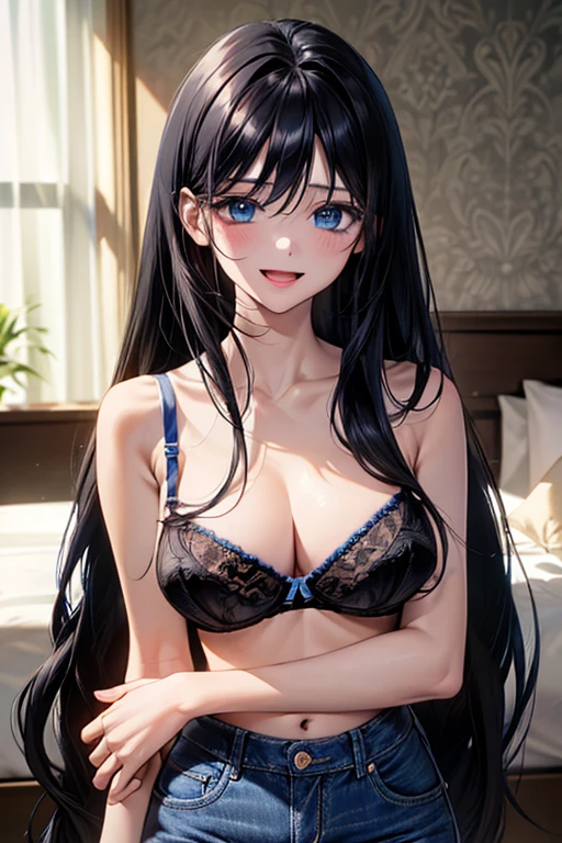 Very detailed、highest quality、Best image quality、masterpiece、8k、Anime Face、A kind smile、Open Mouth、((black long hair:1.5))、big breast, sexy、 beautiful body 、Cowboy Shot, Sexual Intercourse, ((pblue eyes)), hotel bedroom, ((( Jeans))), (((blue bra)))