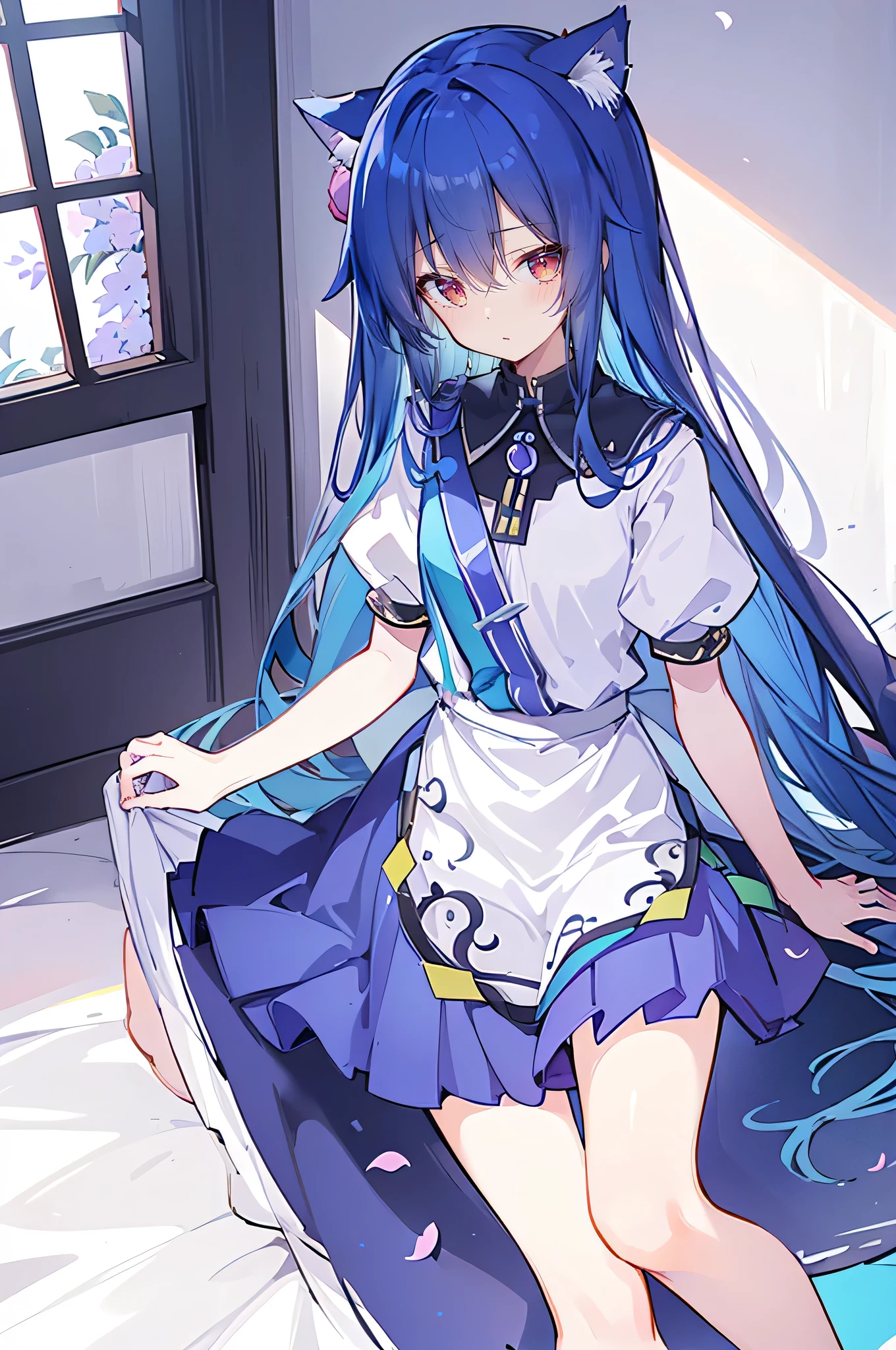 (masterpiece:1.2),Extremely detailed,Practical,expressive eyes,Fair skin,Perfect face shaping,1 Girl,
Japanese cartoons,Gorgeous blue hair, the long flowing blue hair,Floating clothes,Cat ears,Petals fall,beautiful lola,Young Angel,
Place your hands on your waist,sit elegantly on the ground,Cross your legs,Gentle and peaceful background,church,nun,Place your hand on your lips,Shy face。