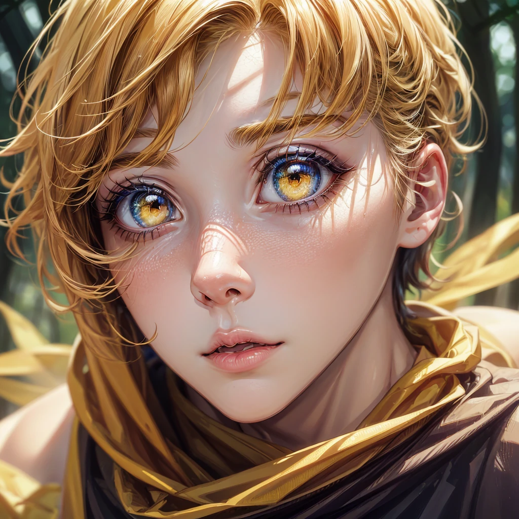 a boy in a yellow forest, wearing a summer t-shirt, (best quality,4k,8k,highres,masterpiece:1.2),ultra-detailed,(realistic,photorealistic,photo-realistic:1.37),HDR,UHD,studio lighting,ultra-fine painting,sharp focus,physically-based rendering,extreme detail description,professional,vivid colors,bokeh,1boy,detailed face,realistic portrait,beautiful detailed eyes,beautiful detailed lips,extremely detailed eyes and face,longeyelashes,bug effect,glowing highlights,fantasy,magical,surreal,colorful, front, medium shot