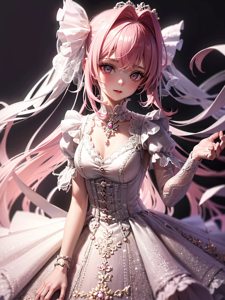 Super delicate cute girl in a ta dress with pink hair. 8K Ultra High Definition, Delicate texture, Pure white background.