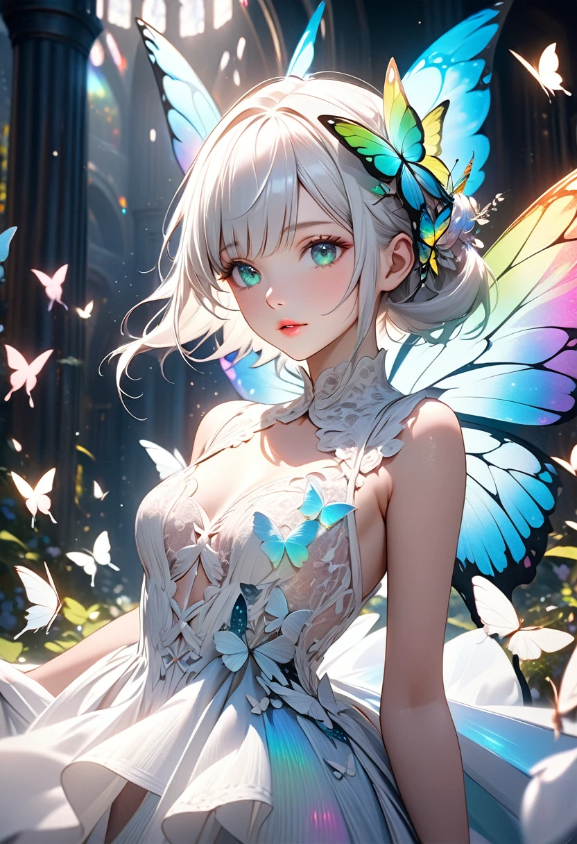 Fantasy CG art.A portrait of a girl painted in fantastical pale colors.The girl has beautiful short white hair and a green butterfly hair ornament on her head.With clear features, beautiful eyes and lips,Wonderful beautiful skin texture,My chest is a little big,Standing alone in a fantastical space wearing a gorgeous white lace dress,Shining and fantastic A background with lots of butterflies fluttering about,The girl is surrounded by beautiful butterflies with rainbow-colored holographic wings.Cowboy Shot,High quality, (masterpiece, best quality, 4k, 8k:1.5),Ultra detail,Physically based rendering, ultra-fine painting, dramatic lighting, fantasy worlds, professional photography, award-winning,