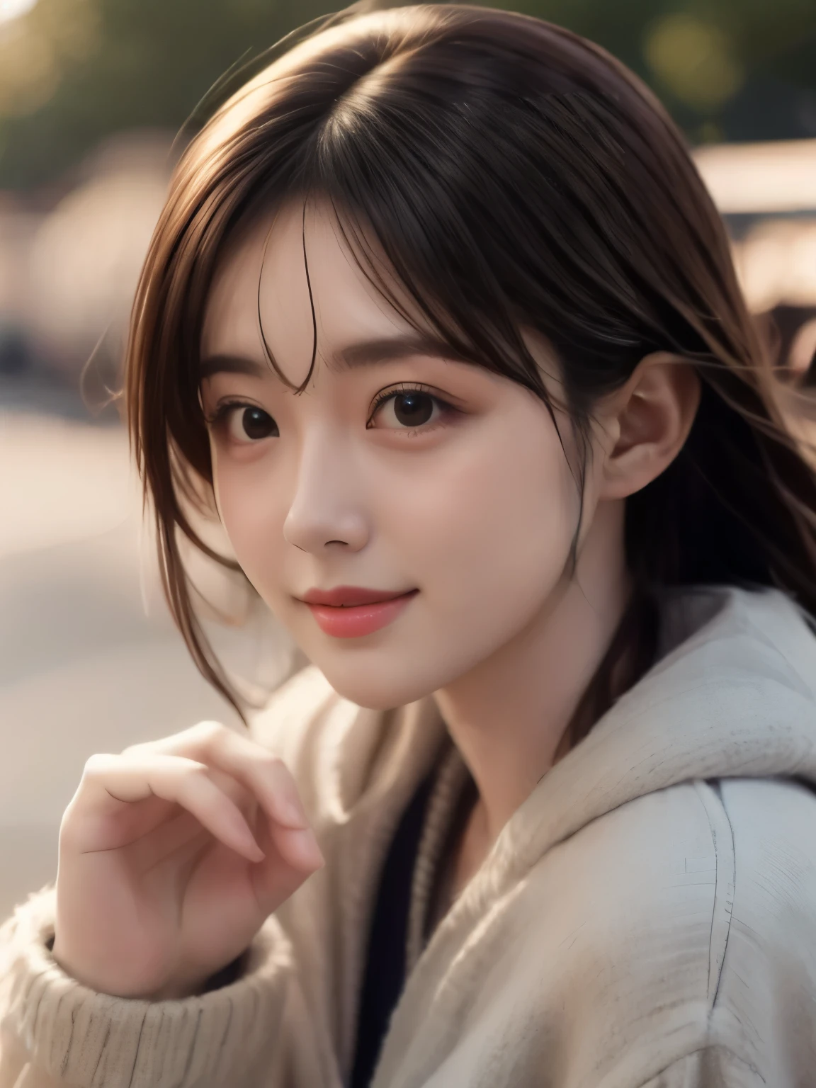 1woman,28yo,Close up,((face focused)),Detailed details,、high resolution、high quality、Perfect dynamic composition、Beautiful detailed eyes、Natural Color Lip、1 persons、Transparent skin、Glowing hair、smiling,masterpiece、Best Quality、finely detail、high resolution、8K、The correct state of the human body、She wears a navy blue long knit dress、randome pose、Gravure Model Pose、Hair soaring in the wind
