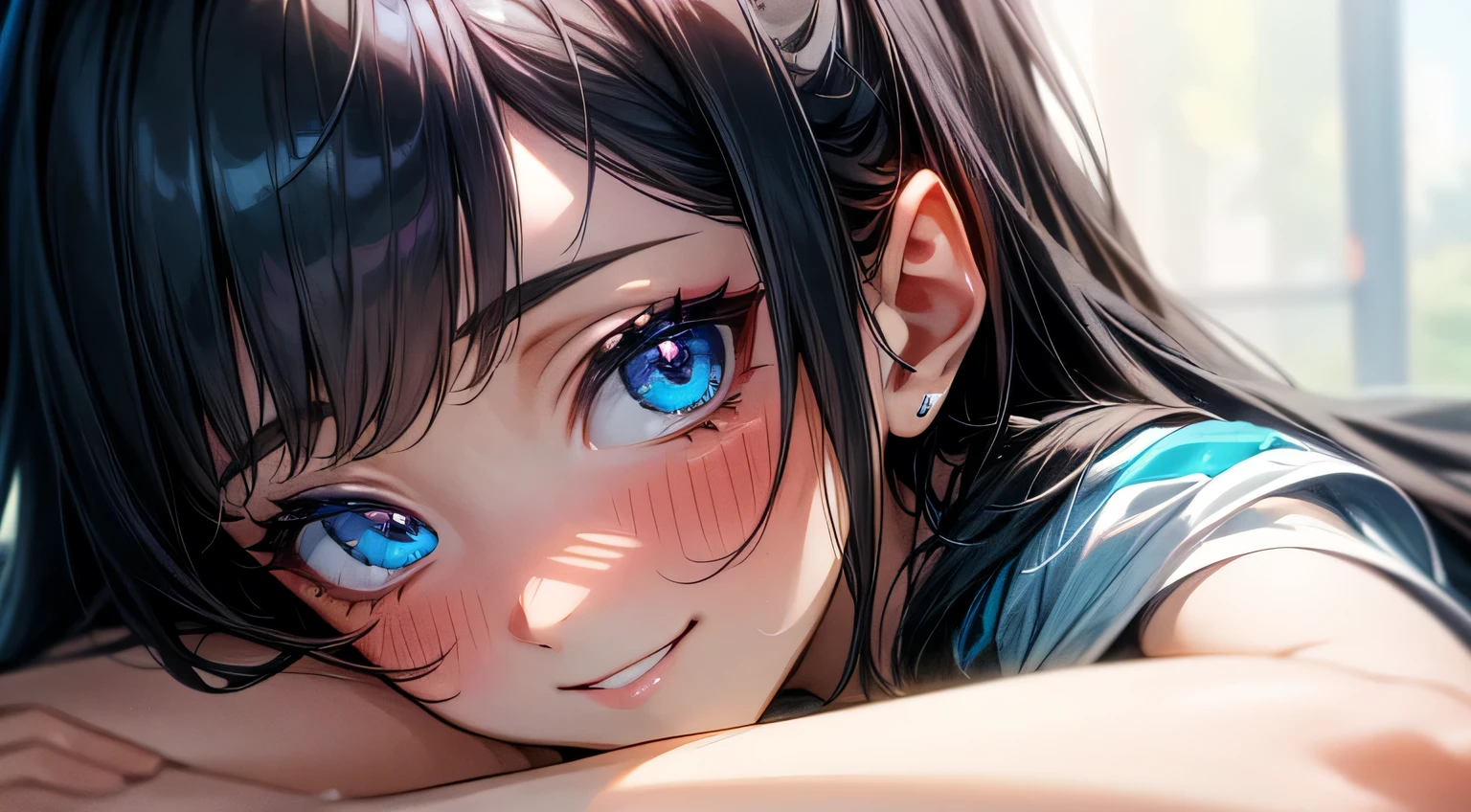 1 Female,High definition,high resolution,Ultra-realistic,8K, hy1, , Upper body Photographed from the front,Dynamic Angles,blush, wink the eye, multicolored hair, outside, blue eyes, long black hair, smiling, joyful