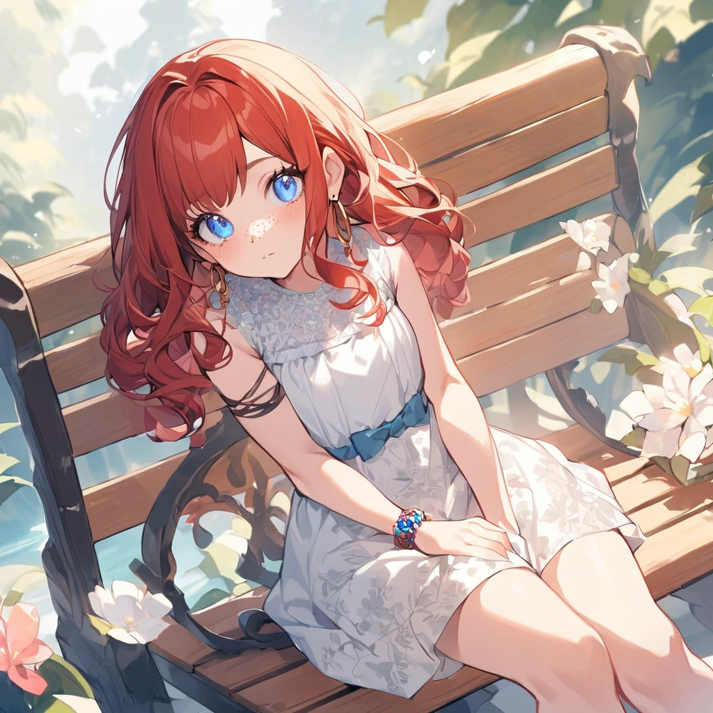 a female character
**Appearance:**
- **Age:** 18 years old.
- **Hair:** Short, curly red hair with a few loose strands framing her face.
- **Eyes:** Round, blue eyes with a curious and lively look.
- **Skin:** Fair with a few light freckles across her nose and cheeks.
- **Clothing:** A simple summer dress with a floral pattern, reaching just above the knees.
- **Accessories:** A pair of small hoop earrings and a thin, woven bracelet on her left wrist.
- **Pose:** Sitting on a bench with her hands resting on her lap, looking slightly to the side as if shes daydreaming.