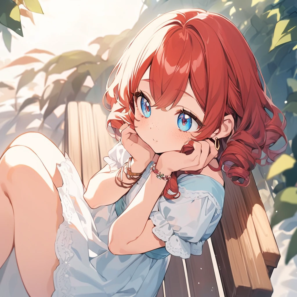 
a female character
**Appearance:**
- **Age:** 18 years old.
- **Hair:** Short, curly red hair with a few loose strands framing her face.
- **Eyes:** Round, blue eyes with a curious and lively look.
- **Skin:** Fair with a few light freckles across her nose and cheeks.
- **Clothing:** A simple summer dress with a floral pattern, reaching just above the knees.
- **Accessories:** A pair of small hoop earrings and a thin, woven bracelet on her left wrist.
- **Pose:** Sitting on a bench with her hands resting on her lap, looking slightly to the side as if shes daydreaming.
