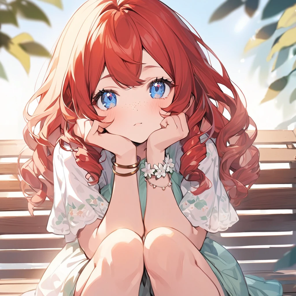 
a female character
**Appearance:**
- **Age:** 18 years old.
- **Hair:** Short, curly red hair with a few loose strands framing her face.
- **Eyes:** Round, blue eyes with a curious and lively look.
- **Skin:** Fair with a few light freckles across her nose and cheeks.
- **Clothing:** A simple summer dress with a floral pattern, reaching just above the knees.
- **Accessories:** A pair of small hoop earrings and a thin, woven bracelet on her left wrist.
- **Pose:** Sitting on a bench with her hands resting on her lap, looking slightly to the side as if shes daydreaming.
