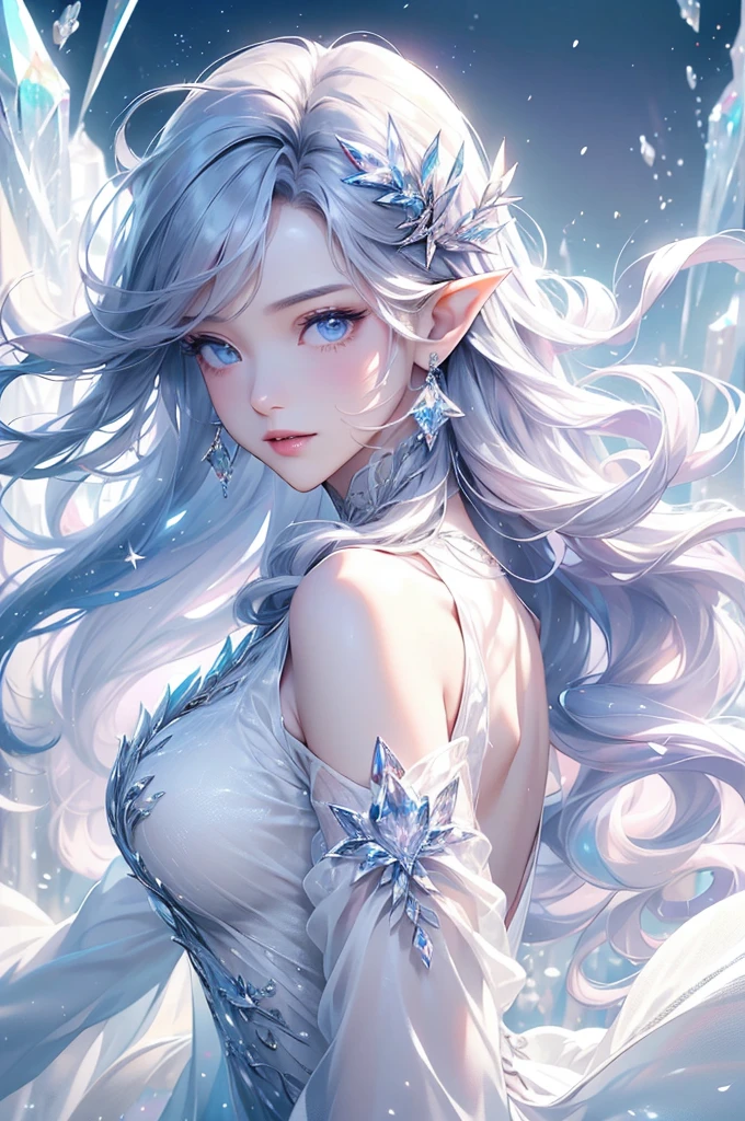 (masterpiece、Highest品質、Highest、Official Art、beautifully、aesthetic、exposed for a long time:1.2)、Smooth movement、Attractive patterns、One Girl、(Long dress with sleeves:1.3)、(((White clothes)))、Upper Body close-up、Expose your shoulders、Korean Girls、smile、Light purple long hair、Portraiture、alone、Upper Body、Looking at the observer、Detailed Background、Detailed face、(Crystallized AI、Crystal Theme:1.1)、Elemental Wind Elf、回転Wind、 Wind、White crystal clothes、Dynamic pose、Suspended particles、Aether Dynamics、旋Wind、vapor、背景に旋Wind、White Tone、旋Wind、Ethereal atmosphere、
