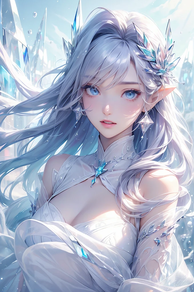 (masterpiece、Highest品質、Highest、Official Art、beautifully、aesthetic、exposed for a long time:1.2)、Smooth movement、Attractive patterns、One Girl、(Long dress with sleeves:1.3)、(((White clothes)))、Upper Body close-up、Expose your shoulders、Korean Girls、smile、Light purple long hair、Portraiture、alone、Upper Body、Looking at the observer、Detailed Background、Detailed face、(Crystallized AI、Crystal Theme:1.1)、Elemental Wind Elf、回転Wind、 Wind、White crystal clothes、Dynamic pose、Suspended particles、Aether Dynamics、旋Wind、vapor、背景に旋Wind、White Tone、旋Wind、Ethereal atmosphere、