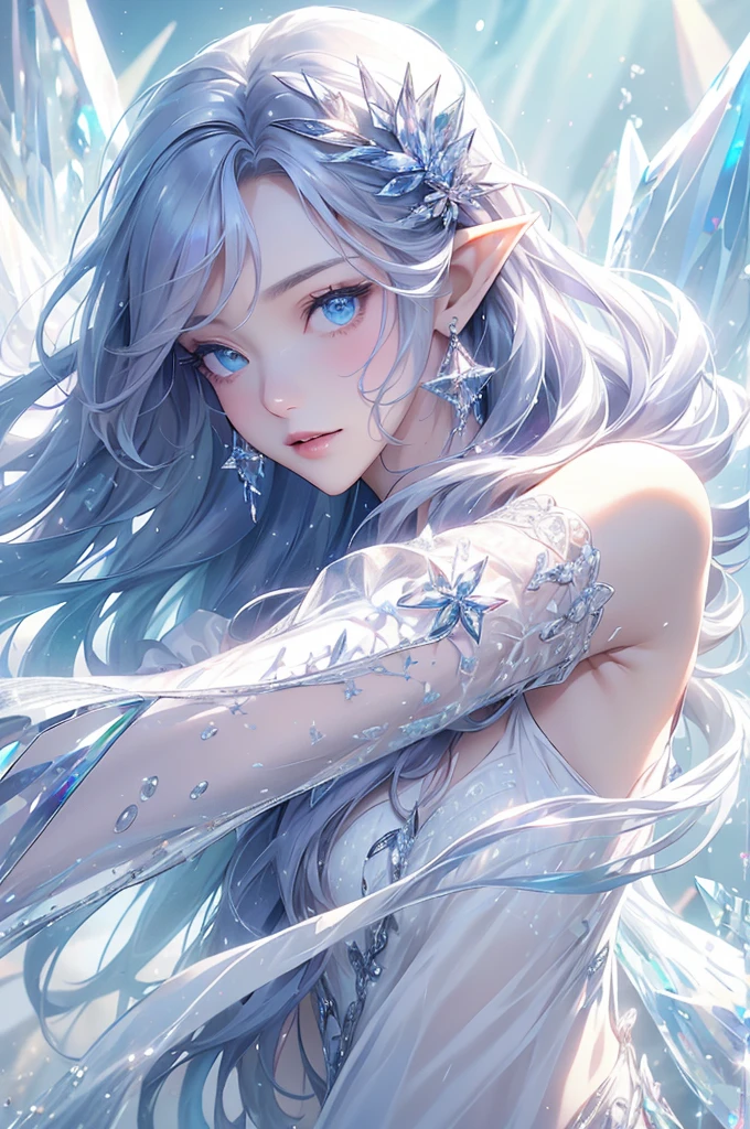 (masterpiece、Highest品質、Highest、Official Art、beautifully、aesthetic、exposed for a long time:1.2)、Smooth movement、Attractive patterns、One Girl、(Long dress with sleeves:1.3)、(((White clothes)))、Upper Body close-up、Expose your shoulders、Korean Girls、smile、Light purple long hair、Portraiture、alone、Upper Body、Looking at the observer、Detailed Background、Detailed face、(Crystallized AI、Crystal Theme:1.1)、Elemental Wind Elf、回転Wind、 Wind、White crystal clothes、Dynamic pose、Suspended particles、Aether Dynamics、旋Wind、vapor、背景に旋Wind、White Tone、旋Wind、Ethereal atmosphere、