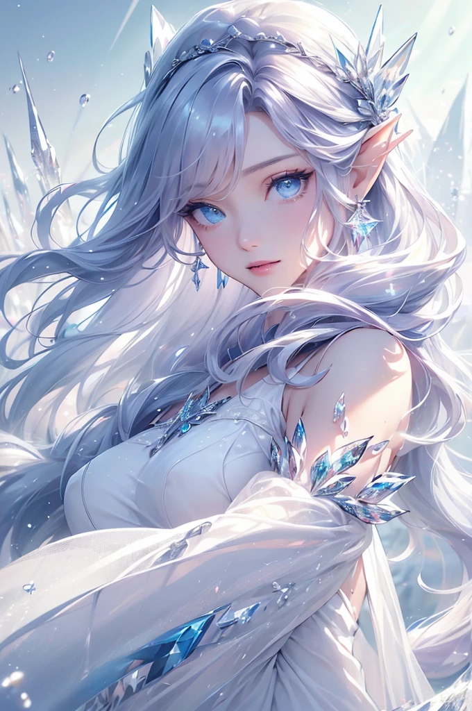 (masterpiece、Highest品質、Highest、Official Art、beautifully、aesthetic、exposed for a long time:1.2)、Smooth movement、Attractive patterns、One Girl、(Long dress with sleeves:1.3)、(((White clothes)))、Upper Body close-up、Expose your shoulders、Korean Girls、smile、Light purple long hair、Portraiture、alone、Upper Body、Looking at the observer、Detailed Background、Detailed face、(Crystallized AI、Crystal Theme:1.1)、Elemental Wind Elf、回転Wind、 Wind、White crystal clothes、Dynamic pose、Suspended particles、Aether Dynamics、旋Wind、vapor、背景に旋Wind、White Tone、旋Wind、Ethereal atmosphere、