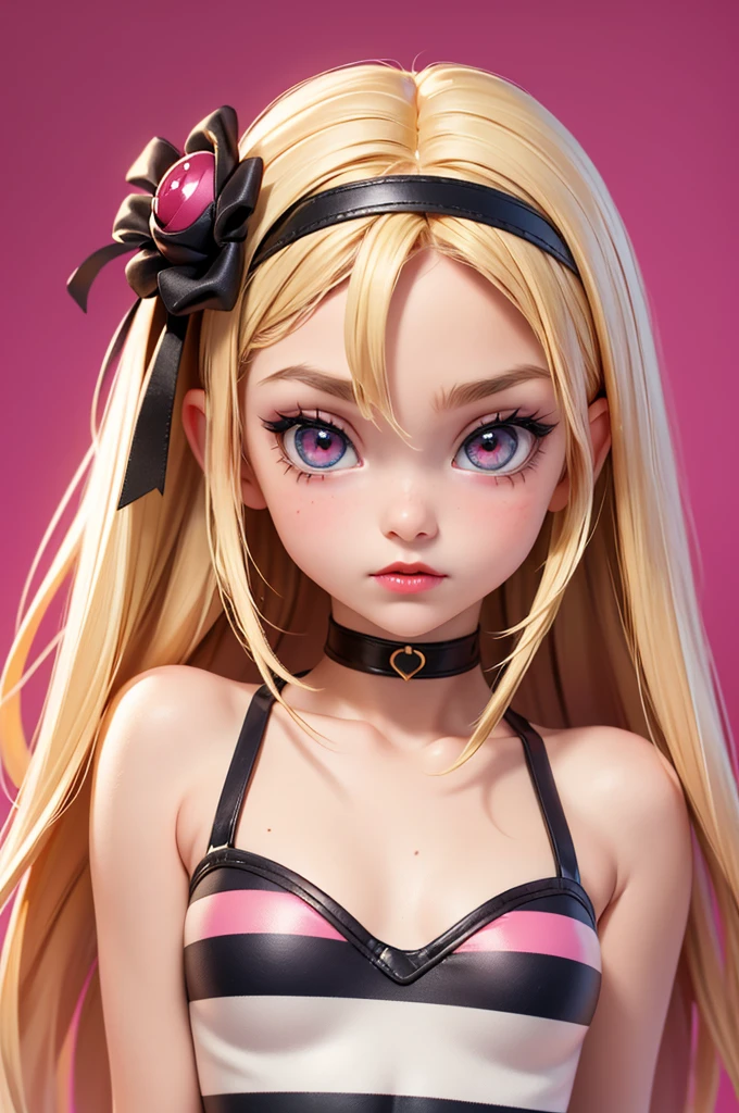 hyperrealistic 14 year old american teen, blonde, little, perfect tiny body, sexy, dark makeup, perfect slim face, big red lips, very cute face, tiny body, big eyes, young looking, childish looking, big tits, pink panty, small top with horizontal stripes