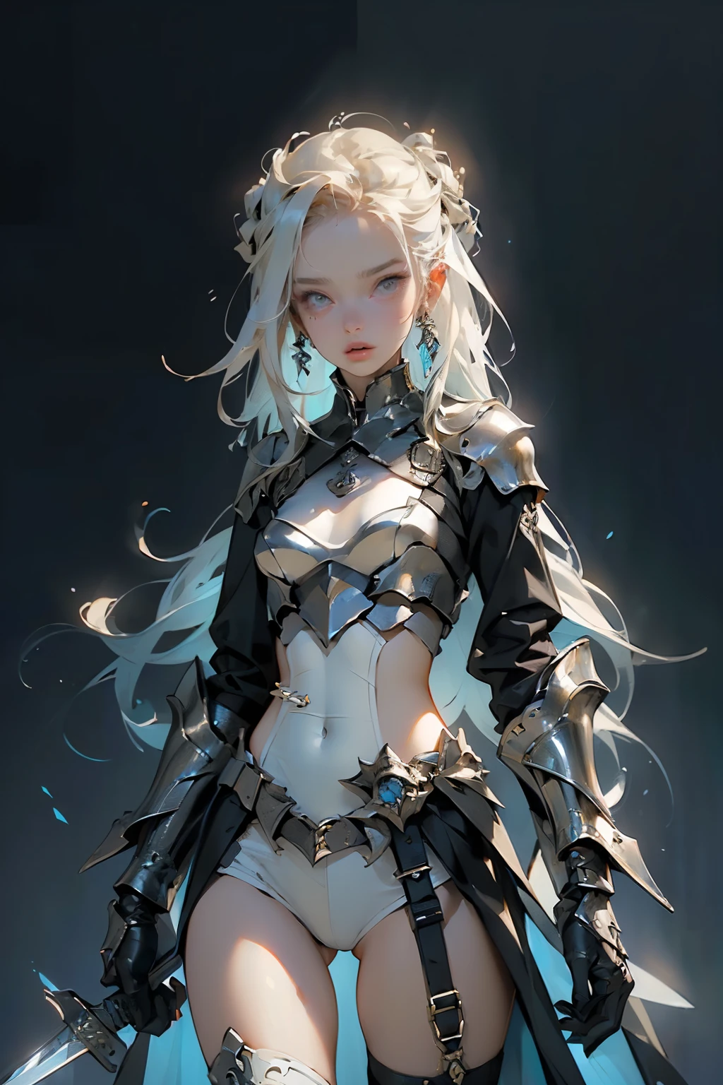 (((masterpiece, of the highest quality, super detailed))), (a female knight of an occult order), (minimal but intricate beautiful armour), (((wielding a sword with a digital glitch-like effect to the blade as though it is rapidly flickering in and out of reality)))