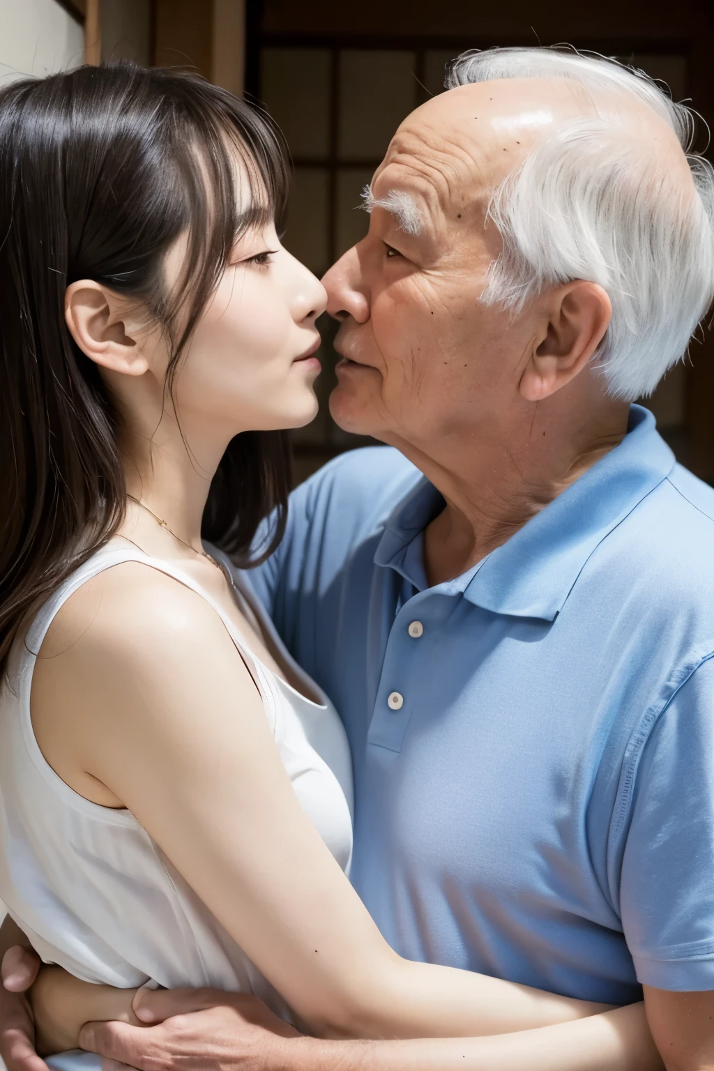 An old man and a 20-year-old woman、Japanese、({old man and woman having sex:1.8}),Old man grabs woman's breasts from behind,Old man grabbing small breasts,Dressed Man,{Naked Women:1.8}、Inside the house、