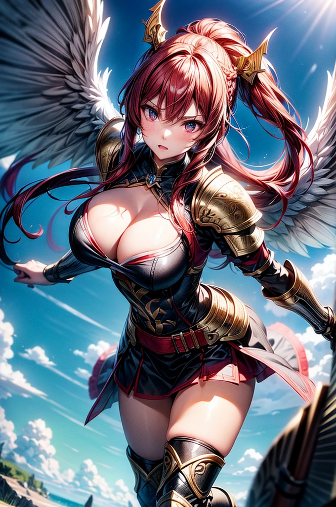 female valkyre prepared for battle, nordic look, viking, an extremally beautiful warrior valkyre, ultra feminine, long hair, red hair, braided hair, shiny golden knight armor, bright full plate armor, long boots, cleavage, medium breasts, big angel wings, white wings, wielding sword, brave and bold facial expression, flying high in the sky, wings spread, zoom out, 16k, RAW, ultra wide shot, photorealism, depth of field, hyper realistic. ray tracing
