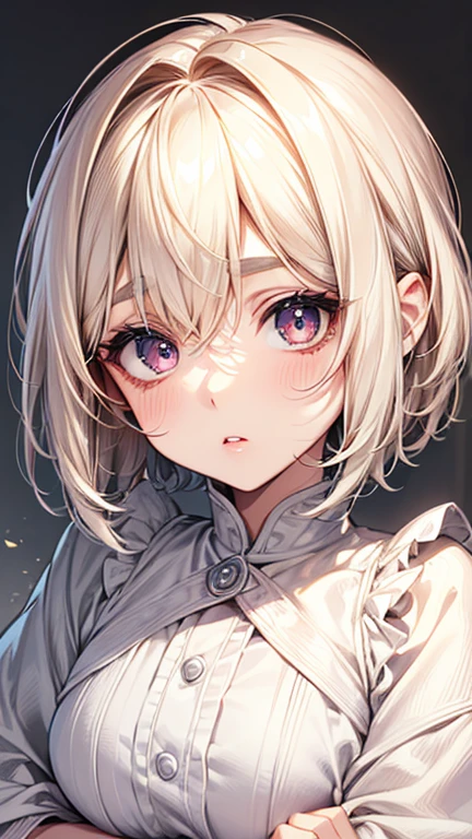 high resolution portrait。With a symmetrical face、Have clear, smooth skin and a radiant complexion。The facial features are well defined、((Big eyes、Short nose、Characterized by plump lips))。(Eyes are large、They have long, thick eyelashes and round eyes.、Have perfectly trimmed, thick eyebrows)。overall「cute」Impressive facial features。The makeup is natural yet sophisticated.、Light foundation、Pink blush、Subtle contouring、Neutral eyeshadow、A Sprinkle of Highlights、Uses soft pink lipstick。((Her hair is a shaggy pixie cut、Has a soft texture around the face))、wearing delicate jewelry。The background is simple and elegant.、The focus is on her face.。The lighting is soft and inviting、Enhance her features、It gives a fresh impression。