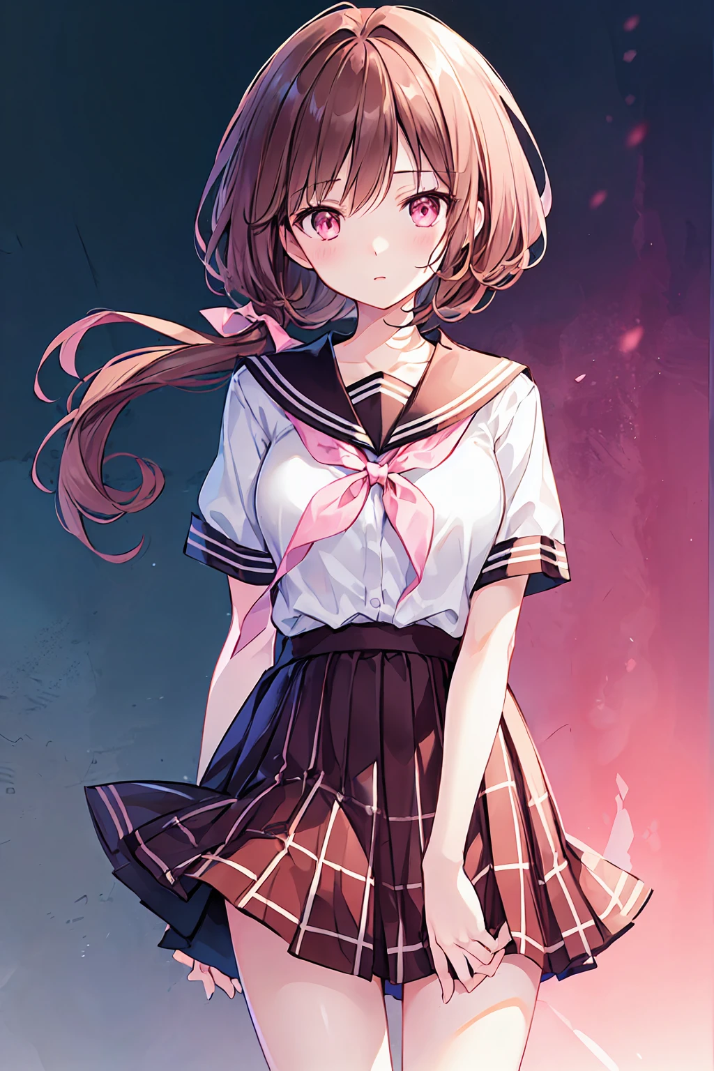 Brown hair color,Pale pink eyes,apricot pink school top,Checked Skirt,Kind girl,((Highest quality)), (Very detailed), (High-definition CG synthesis 8k wallpaper), 高いly detailed, 高い-definition raw colbor photos, Professional photography, Written boundary depth,