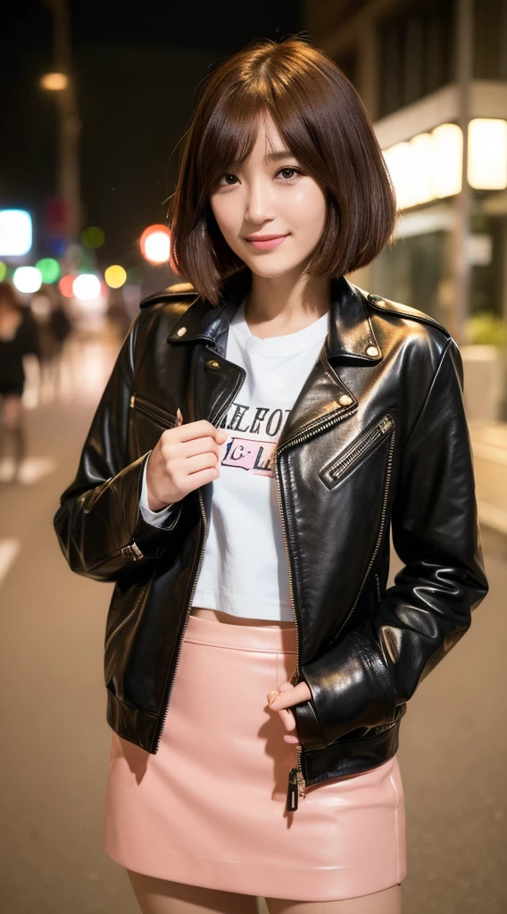 (((Yumikanoku))),((Highest quality, 8k, masterpiece :1.3)), One girl, smile, whole body, Slim face, Beautiful woman, (Dark brown hair), Tight leather pink suit,Pink Short Tight Skirt, Highly detailed face, Detailed eyes, double eyelid, Bokeh Background, Slim face, City of night, Neon Light,outside, Tokyo Street,Japan,leather jacket,Leather skirt,Bob cut short hair,
