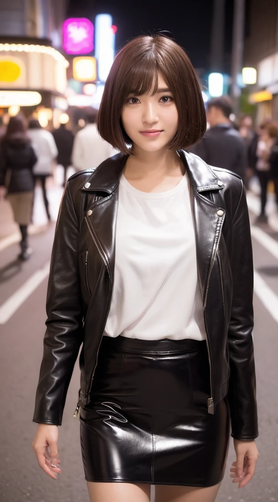 (((Yumikanoku))),((Highest quality, 8k, masterpiece :1.3)), One girl, smile, whole body, Slim face, Beautiful woman, (Dark brown hair), Tight leather pink suit,Pink Short Tight Skirt, Highly detailed face, Detailed eyes, double eyelid,  Bokeh Background, Slim face, City of night, Neon Light,outside, Tokyo Street,Japan,leather jacket,Leather skirt,Bob cut short hair,