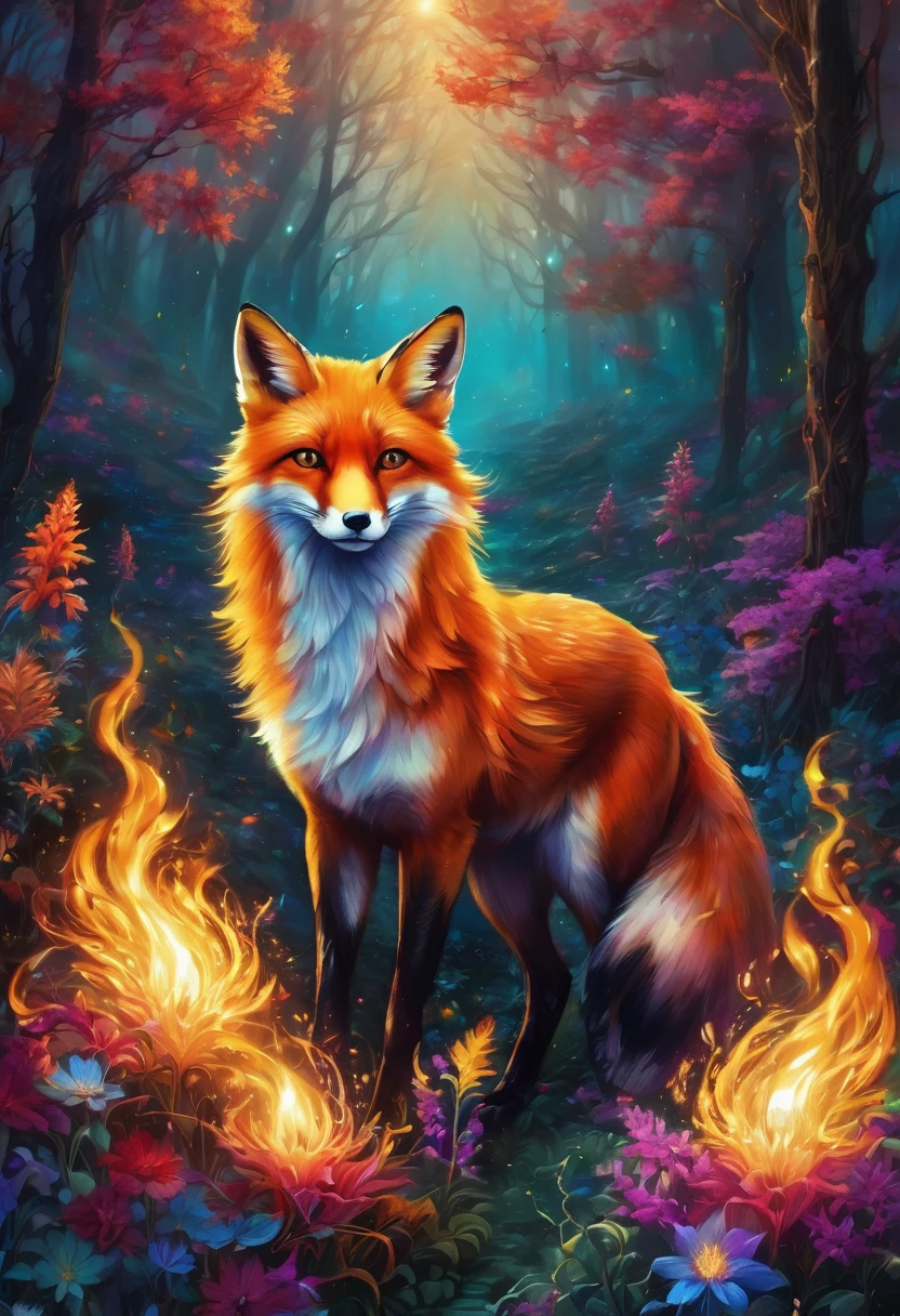 [Rewritten Input]
Spirit-type animals, fox, colourful flowers, Distinguished quality, high-resolution, exceptional masterpiece:1.2, meticulously detailed, authentic:1.37, horror-themed, blazing magical flames, otherworldly flora, fiery conflagration, luminescent foliage, enchanted garden, mystical ambiance, ominous shadows, captivatingly haunting, eerie radiance, intense hues, dark aura, unearthly vines, fiery tendrils, dancing embers, extraterrestrial landscape, ethereal flowers, magical energy, surreal scenery, shadowy figures, enigmatic creatures, mesmerizing illumination, unnatural growth, foreboding presence, smoky haze, flickering light, spectral glow, intense heat, whispering flames, supernatural powers, glowing orbs, mystic spell, eerie ambiance, otherworldly beauty, spectral plants, transcendent vision.