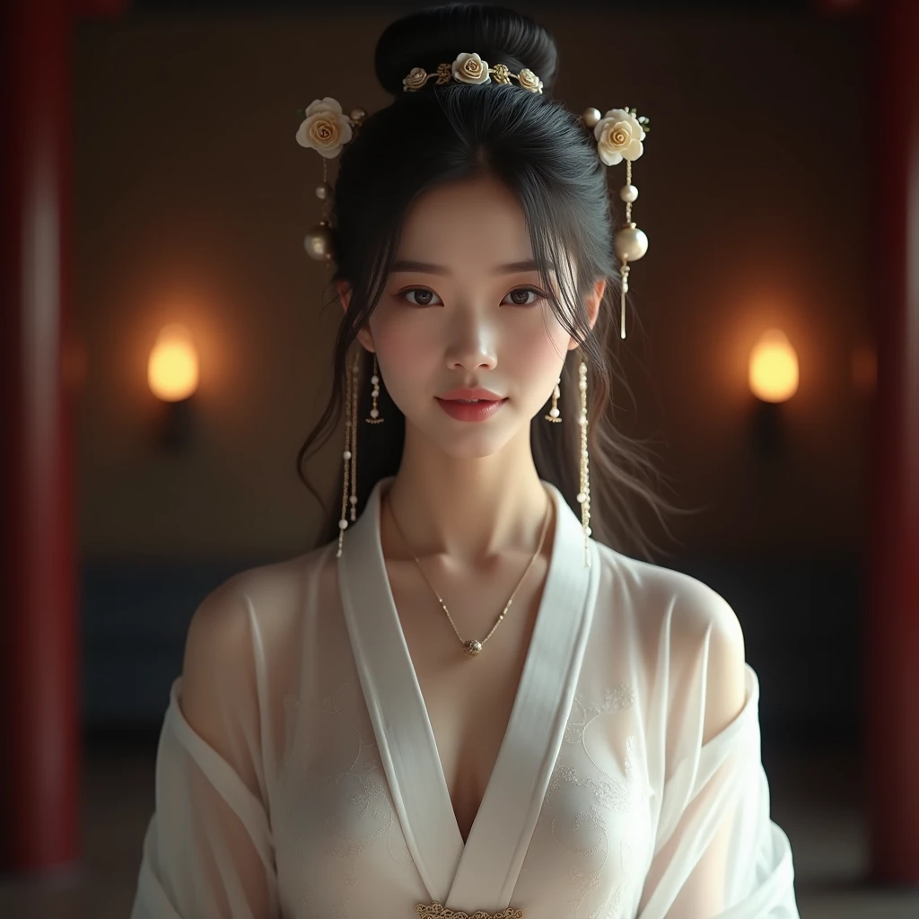 ((No NSFW)), best quality, masterpiece, highres, 1girl, china hanfu, chinese architect background, hair ornament, necklace, jewelry, Beautiful face, full body, tyndall effect, photorealistic, dark studio, rim lighting, two tone lighting, (high detailed skin:1.2), 8k uhd, dslr, soft lighting, high quality, volumetric lighting, candlelight, dark reflections, shadow not dark, highkey, Photograph, high resolution, 4k, 8k, Bokeh. From front, upper body cowboy shot of female model girl around 21-25 years old. Female model girl is wearing china hanfu that is classic traditional clothing of Tang Dynasty period and white color and ancient oriental long robe and made of very sheer and transparent silk so very see through bare skin, wearing nothing under her china hanfu, with closed her chest by her china hanfu, with all back covered by her china hanfu. Female model girl has cleavage chest, huge breasts, round and bouncy breast, pink areolas and nipples that are anatomically correct, small and wasp waist, wide hips, attractive thighs, crotch with ample pubic hair, clean vulva, so all of them are covered by her china hanfu, but blurry them all see through.