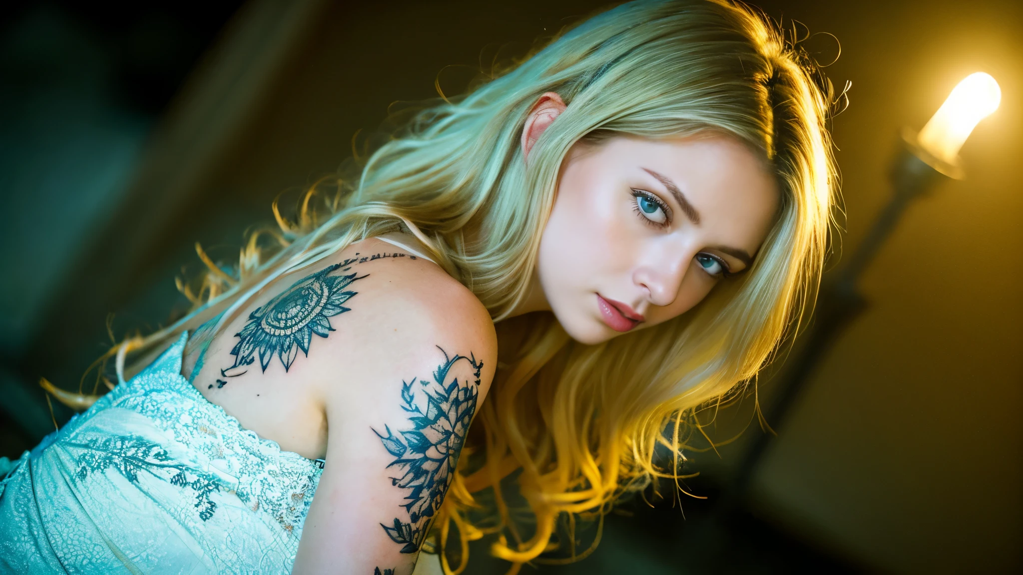 tatuados,Beautiful blonde with  in a light dress、(Back tattoo、Many tattoos on both arms and neck)、 (late night beach、walk),Candlelight only,Very detailed, 21 years old, Innocent face, Wavy Hair, blue eyes, High resolution, masterpiece, Highest quality, Intricate details, Very detailed, Clear focus, Delicate skin, practical skin texture, texture, Delicate eyes, Professional, 4K, Sad face,despair、 Shot with Canon, 85mm, Shallow and deep,  Kodak Vision Color, Exactly, Very detailed, photograph_\(Extremist\), photographpractical, practical, Post-processing, Maximum details, Roughness, Real Life, Extremist practical, Photorealism, photographgraphy, 8K Ultra HD, photographgraphy
