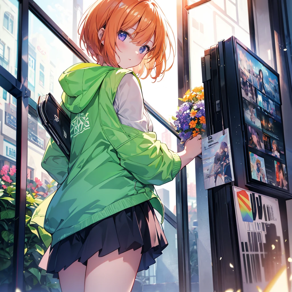 Highest quality,Best image quality,In 8K,4K,masterpiece,Ultra-detailed,beautiful、super high quality, Highest quality,High resolution, Very detailed,Game CG,Dutch Angle ,beautiful細部までこだわった目, Visual Arts,Five Fingers, Perfect hands,beautiful girl,alone,1 Girl,Curvy,((Very short side tail)),Exposing shoulders,(From below:1.5),(From behind:1.5),Ass Focus,Wedge Shape,blush,Cowboy Shot,Recall,(picnic:1.3), Highest quality,Best image quality,Perfect Anatomy,masterpiece,Ultra-detailed,beautiful,super high quality, Highest quality,High resolution, Very detailed,Game CG,Dutch Angle ,beautiful細部までこだわった目,Visual Arts,Five Fingers, Perfect hands,Hide your hands, {{{One Girl}}}, beautiful詳細な女の子, Game CG, Spring flower, One curl on the outside, Short Bob Hair, Pastel orange hair, Purple eyes,Stylish accessories solo, breast enhancement, Medium Shoot, woman, Take-out, Laughter, huge ,,Pastel green checkered mini skirt,Black knee-highs, {{{{{Wearing a pastel green hoodie}}}}},Open your mouth, wonderful, beautiful細部までこだわった目, Highest quality, Very delicate,Masseter muscle area,Highest quality,(Official Art、Highest quality、Unity 8k wallpaper、32K、masterpiece、Ultra-detailed、超High resolution、Realistic、Photorealistic:1.2)、(Cinema Lighting:1.2)、Fire Glow Effect、The most grainy shadows on the film、Side light、Side Shot、(Ultra-detailedで複雑な3Dレンダリング)、Atelier Series,