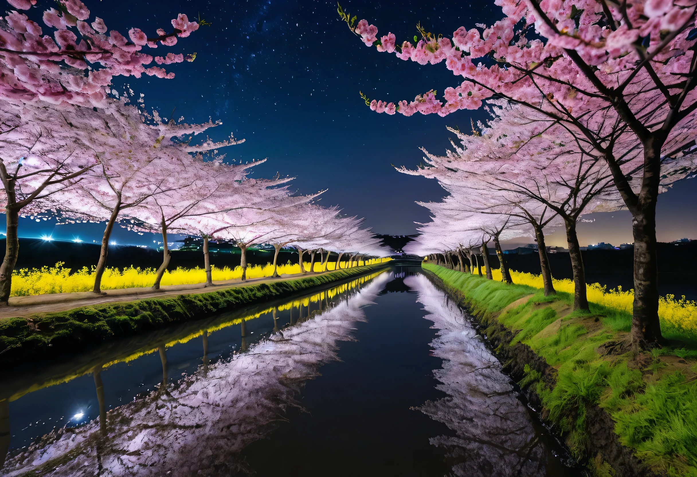 Blooming cherry tree々 Pink petals A row of cherry blossom trees along a quiet river A scene of fluttering petals The contrast between the night sky and the cherry blossoms Starlight A tunnel of cherry blossoms The contrast with the rapeseed flower field Moonlight at night Beautiful nature A scene of cherry blossoms in full bloom、The branches spread naturally、Some branches are drooping downwards